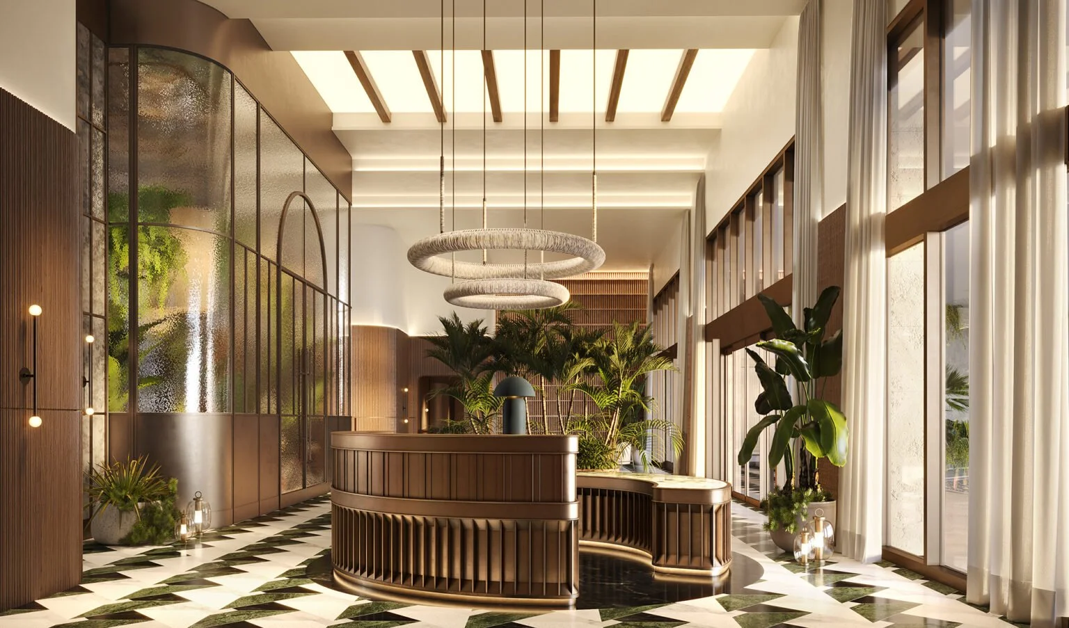 Elegant hotel lobby with wooden details, large plants, and modern lighting.