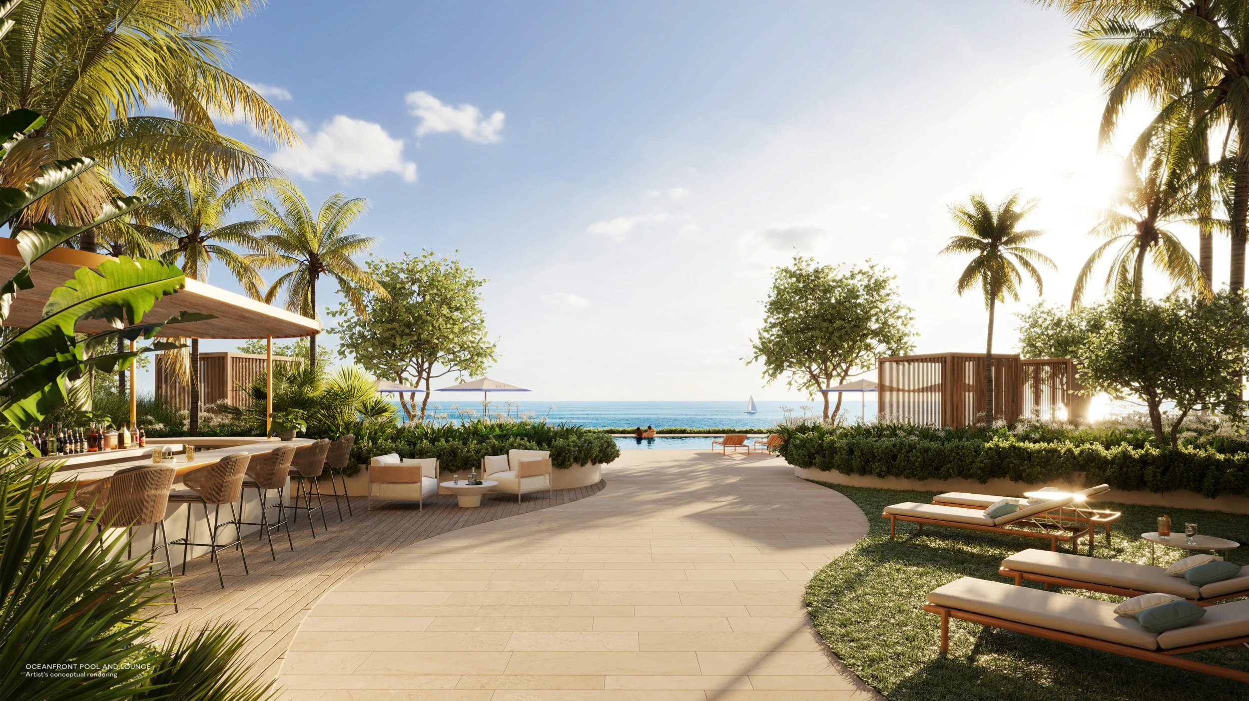 Outdoor oceanfront lounge area with palm trees, sun loungers, a bar with chairs, and a view of the sea at sunset.