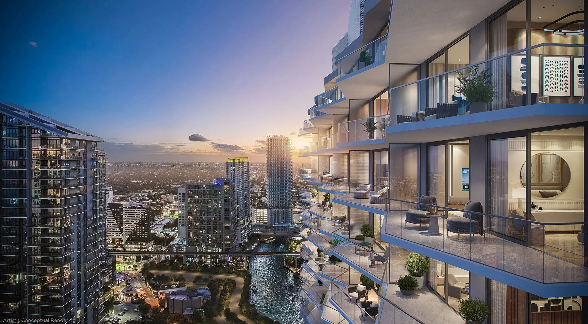 Skyscraper apartments overlooking a cityscape at sunset with a river flowing below and modern balconies featuring outdoor furniture and plants.