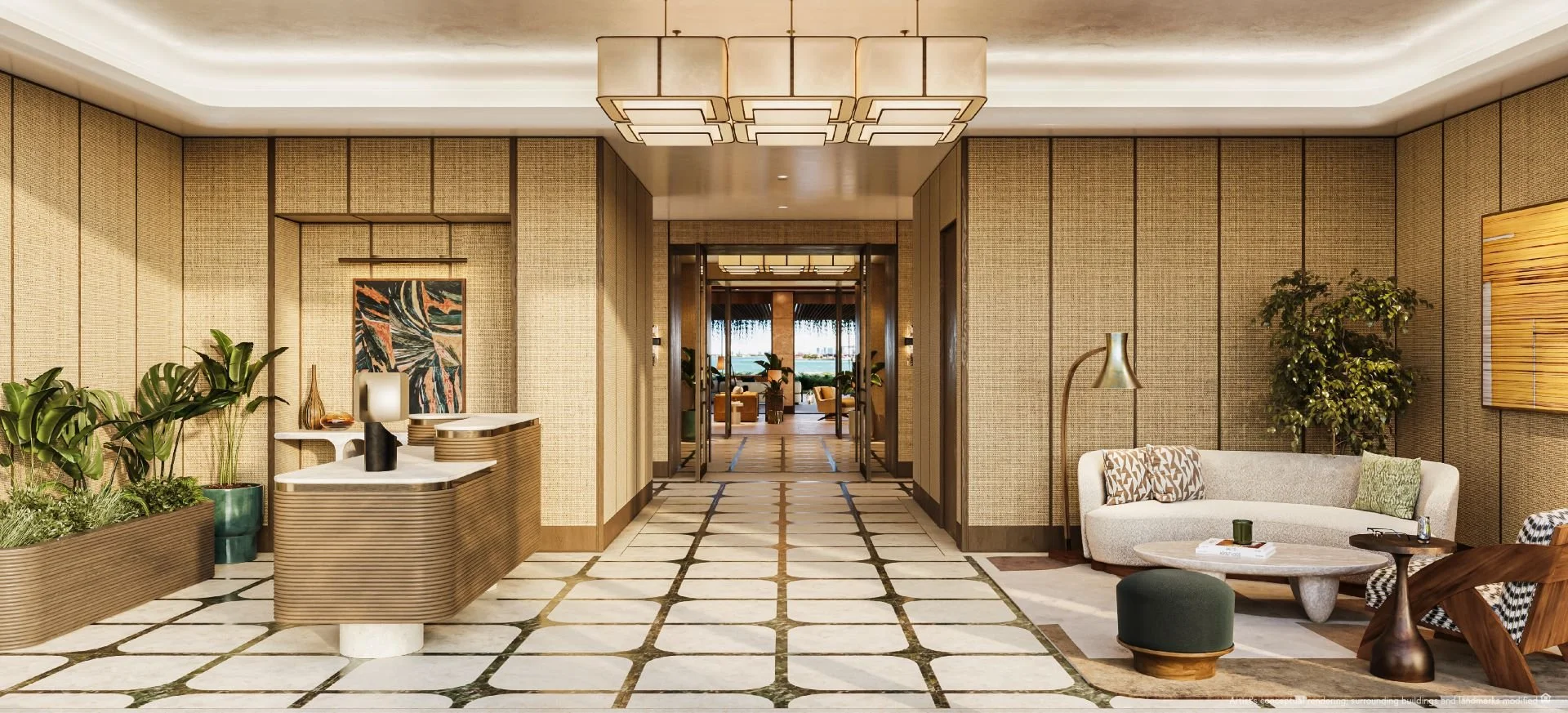 Luxurious hotel lobby with elegant decor, featuring a contemporary design with a neutral color palette. The space includes a reception desk, a seating area with a curved couch, modern lighting, greenery, and decorative art on the walls.