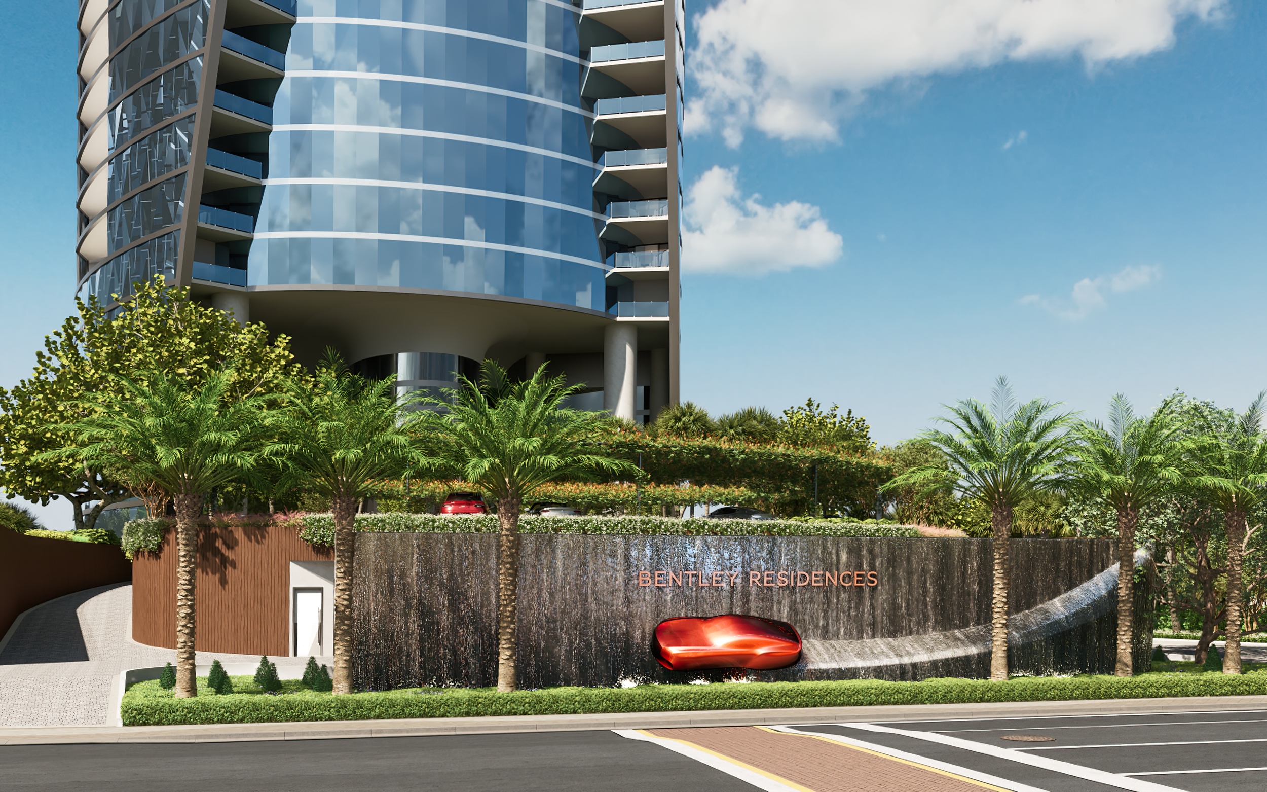 Modern skyscraper exterior with palm trees, Bentley Residences sign, and luxury car sculpture.