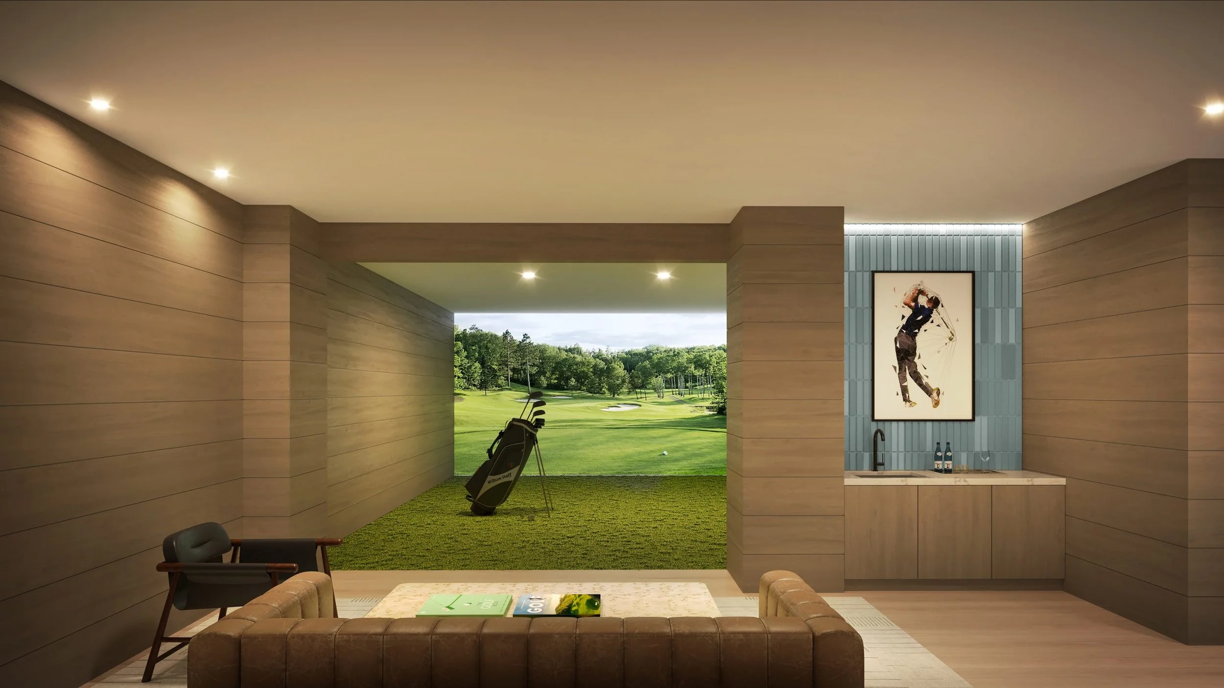 Modern indoor golf simulator room with a golf bag, natural scenery, wooden walls, a bar area, and a framed golf artwork.