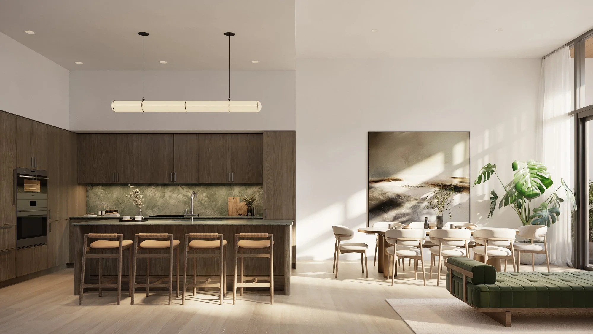 Modern kitchen and dining space with wood cabinets, green marble backsplash, island with stools, and dining table with chairs. Large artwork and potted plant in corner.
