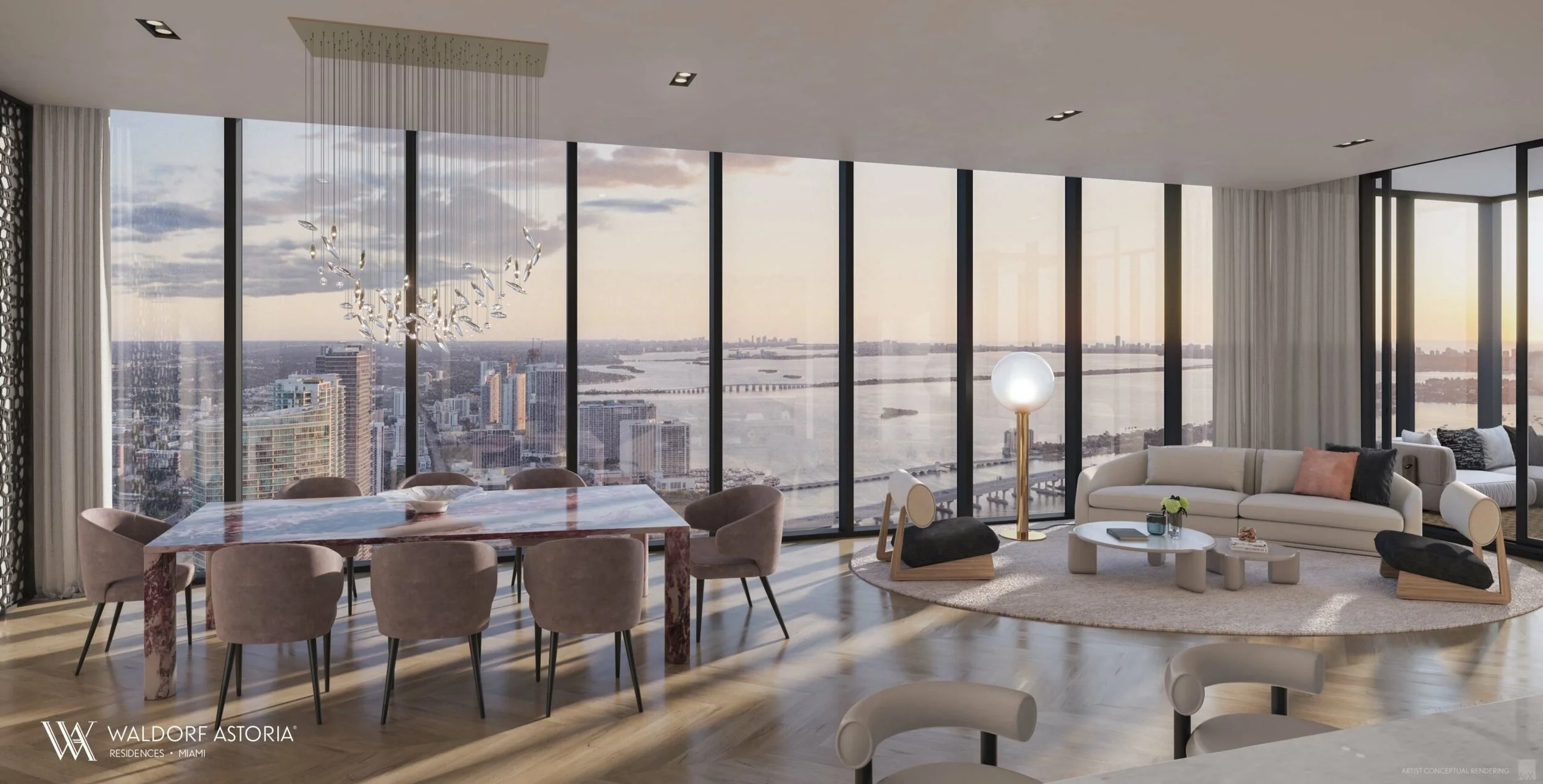 Luxury living room with large windows, modern furniture, and city skyline view at sunset.