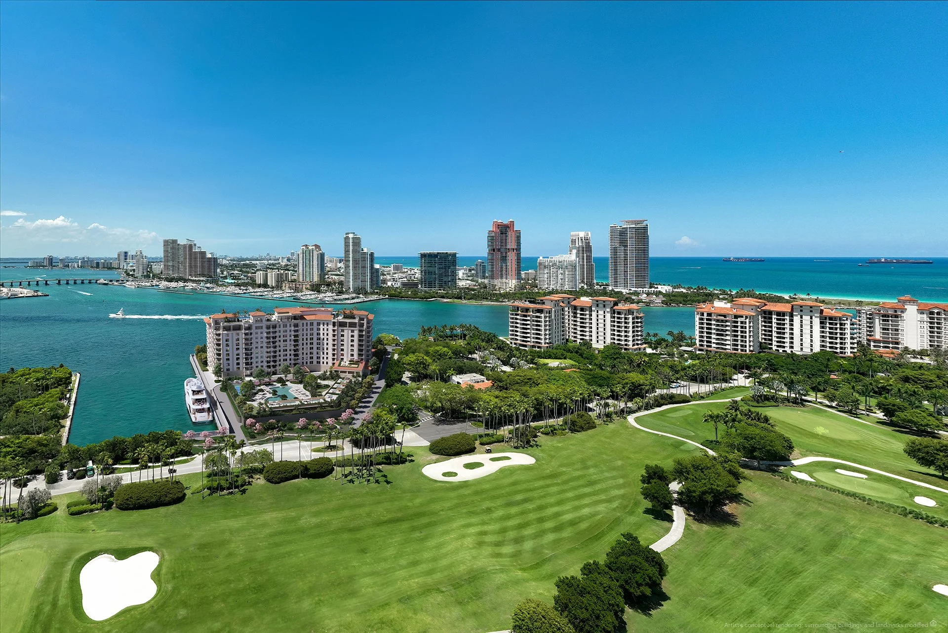 Miami skyline with high-rise buildings, waterfront, and golf course on a sunny day.