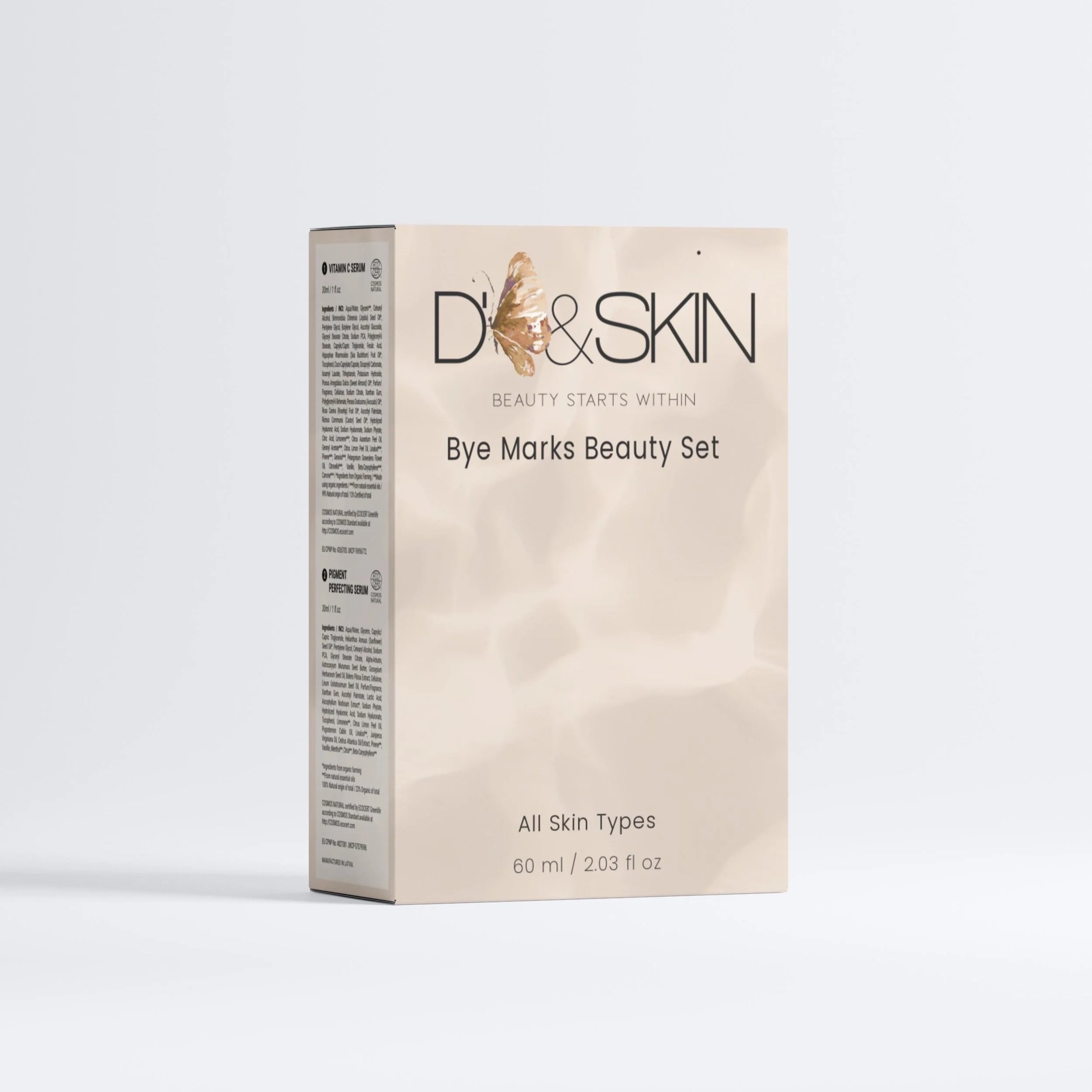 Box of D & Skin Bye Marks Beauty Set with a butterfly logo, indicating it suits all skin types, containing 60 ml or 2.03 fl oz.