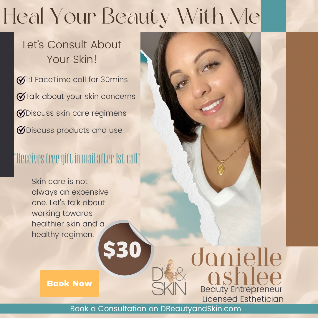 Beauty consultation advertisement featuring a smiling woman with long dark hair, text about skin care, and pricing details, encouraging bookings for skin care advice.