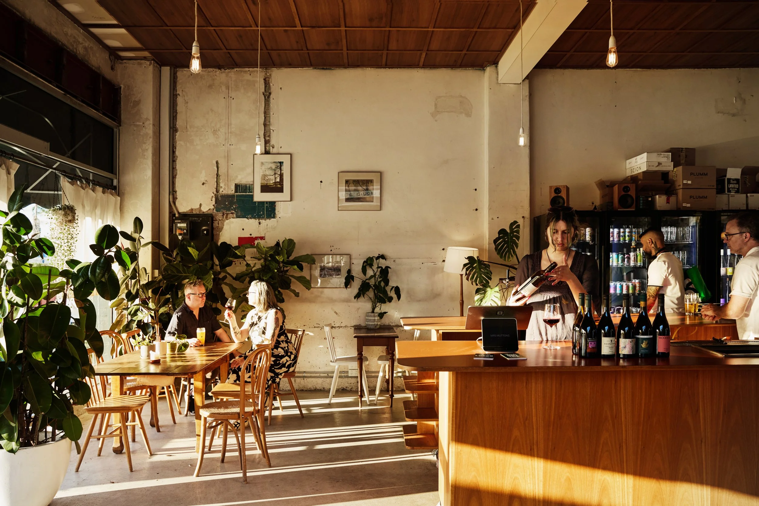 Inside Mrs Muttons — the bar and shelves of wine
