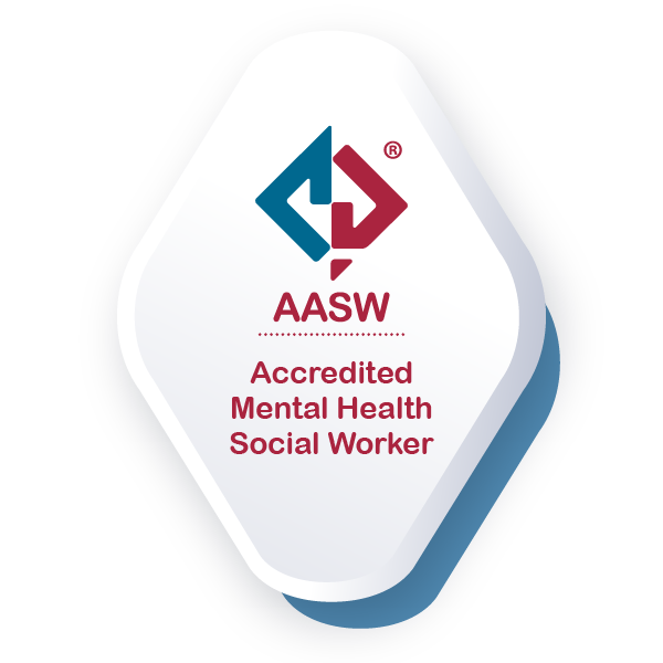 Badge with AASW logo, titled 'Accredited Mental Health Social Worker' in bold red text.