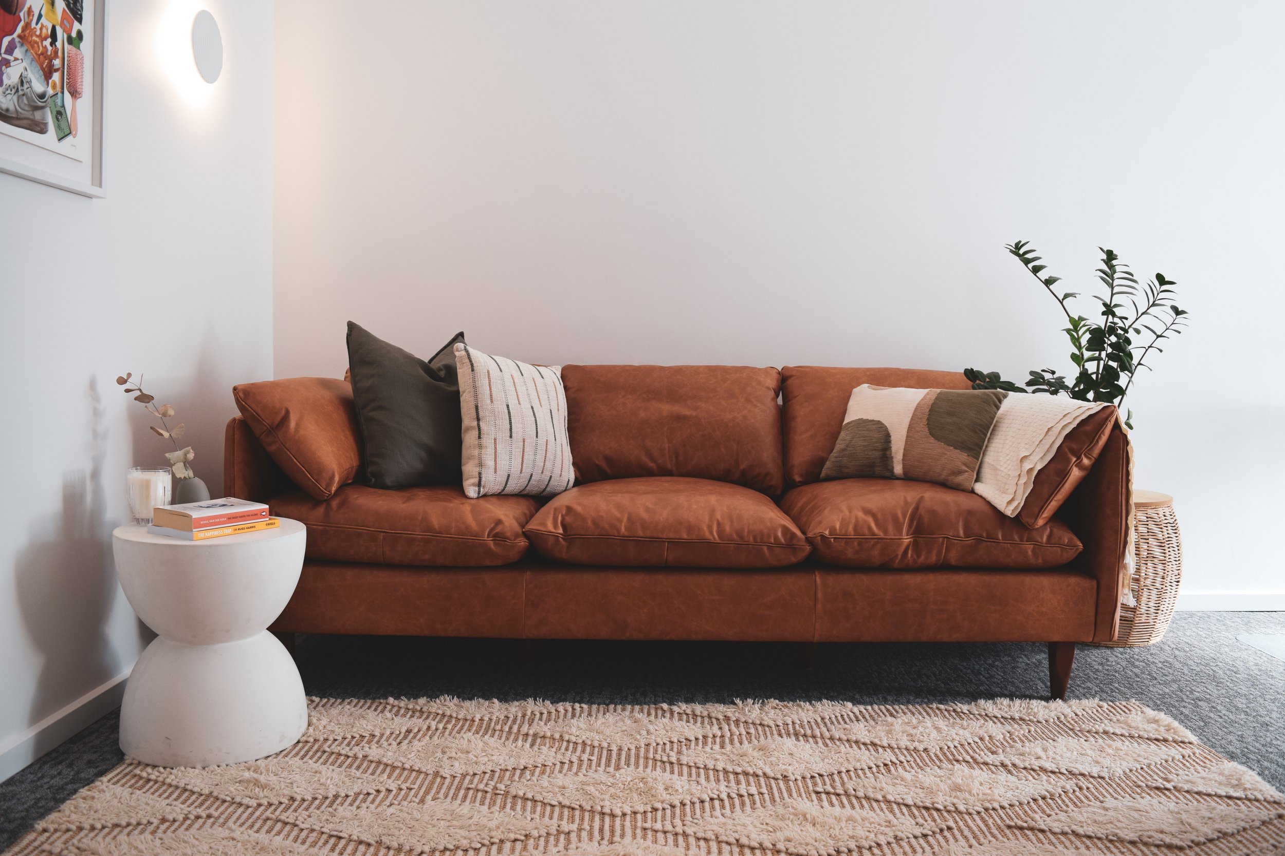 Living room with a brown leather sofa topped with four decorative pillows, a white side table with books and a candle, a patterned rug, and a large potted plant on the right.