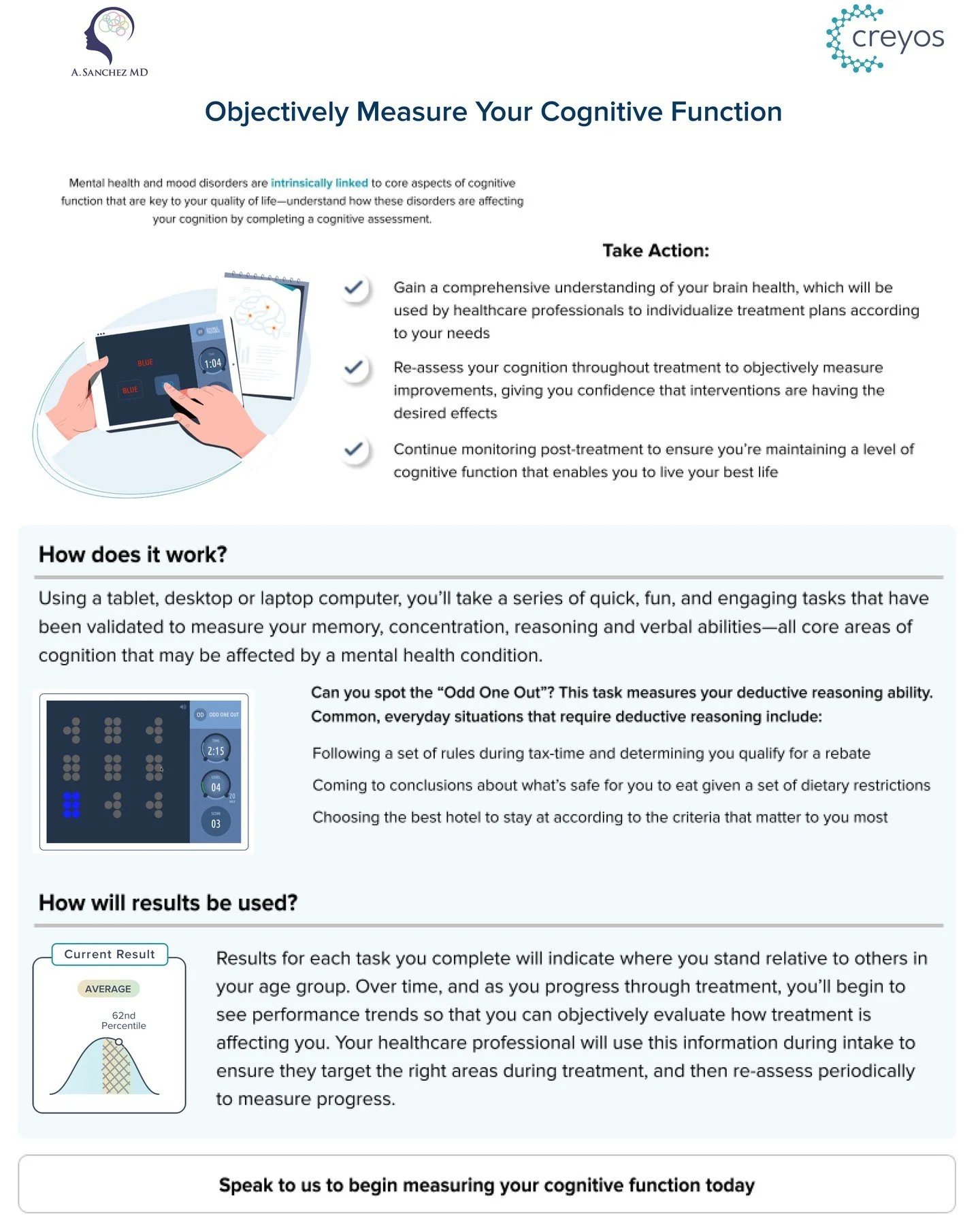Are you looking for a way to better understand your cognitive strengths and weaknesses? Our practice now offers cognitive testing by Creyos to help you gain insight into your brain function and potential areas for improvement. Our tests are tailored 