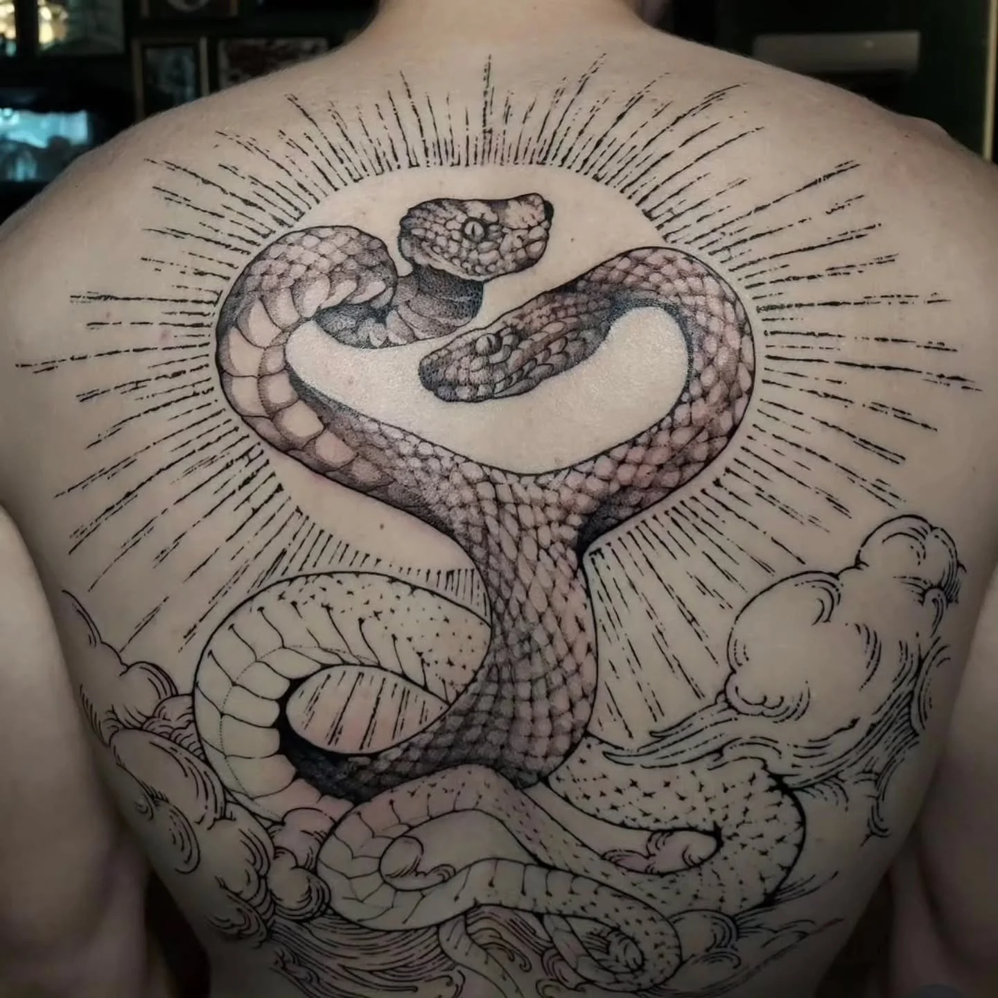 In progress tattoo by @vincentlitattoos 
#snaketattoo #blackworktattoo #olympiatattoo #olympia