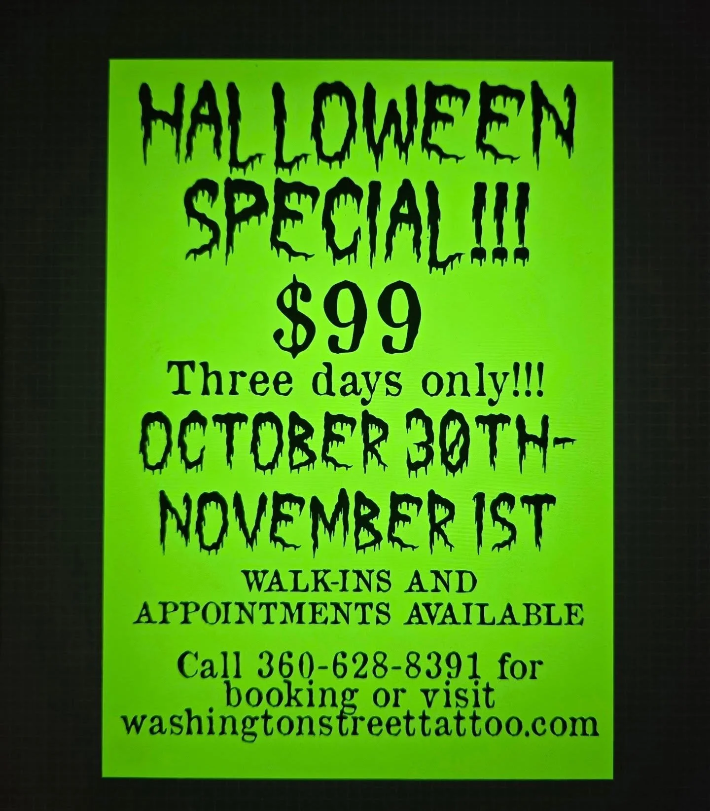 HALLOWEEN FLASH! $99! THURSDAY, FRIDAY  AND SATURDAY (10/30-11/1)! WALK-INS AND APPOINTMENTS AVAILABLE. FIRST COME, FIRST SERVED! ***CASH ONLY***

#halloweentattoo #olympiatattoo #olympia #flashsale #tattoospecial #olympiawa