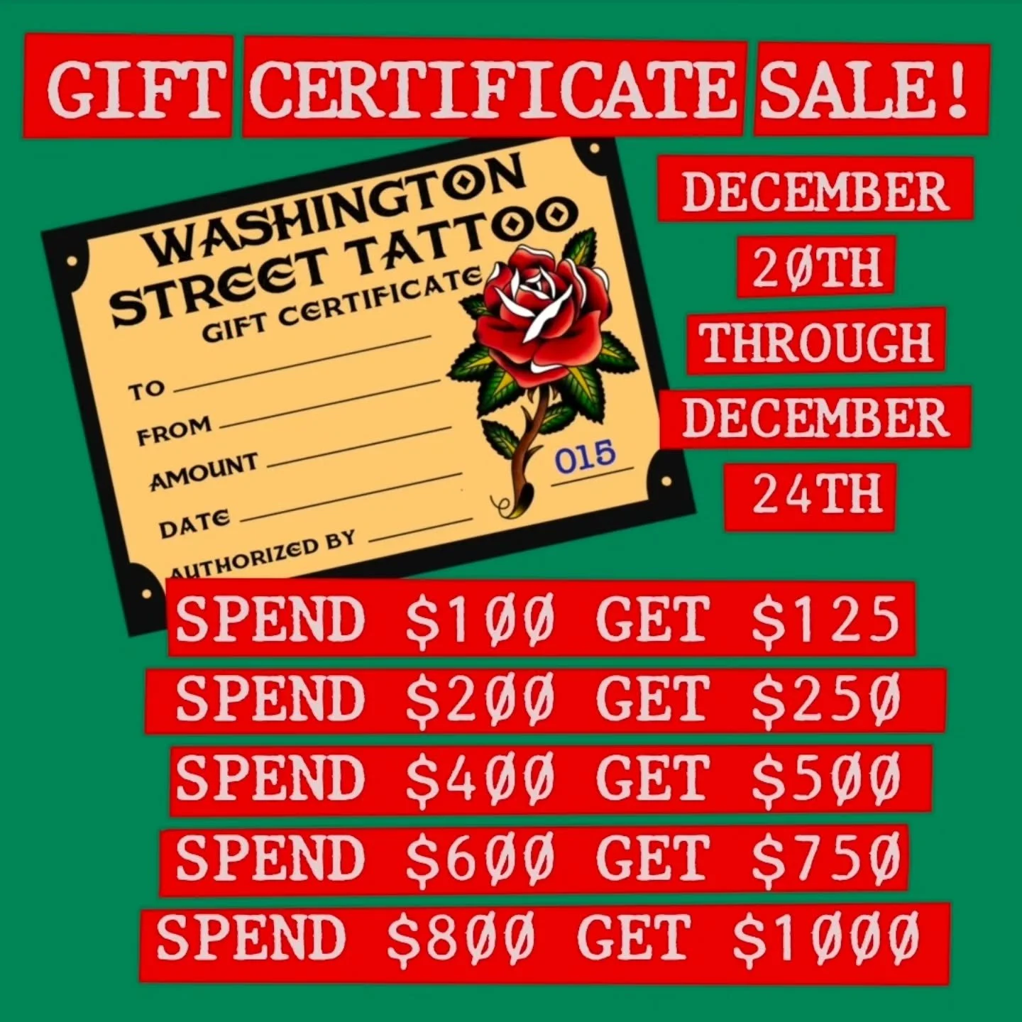 GIFT CERTIFICATE SALE!
Spend Less, Get More. You Win...

OPEN EVERYDAY 12PM-7PM 
410 WASHINGTON STREET SE
DOWNTOWN OLYMPIA 

(and don't forget to treat yourself this holiday. why not save a little $$$ on your next tattoo? get yourself something rad. 