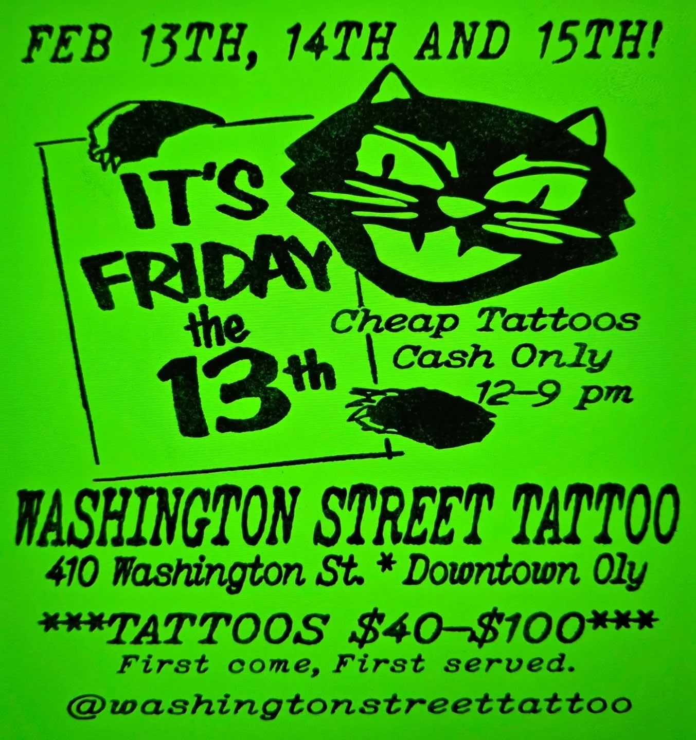 FRIDAY THE 13TH! VALENTINE'S DAY! RANDOM SUNDAY! WE'VE GOT THEM ALL COVERED.

DETAILS AND FLASH DESIGNS COMING NEXT WEEK. STAY TUNED.

#olympiatattoo #fridaythe13th #tattoospecialolympia #valentinestattoo 
#olympiawa