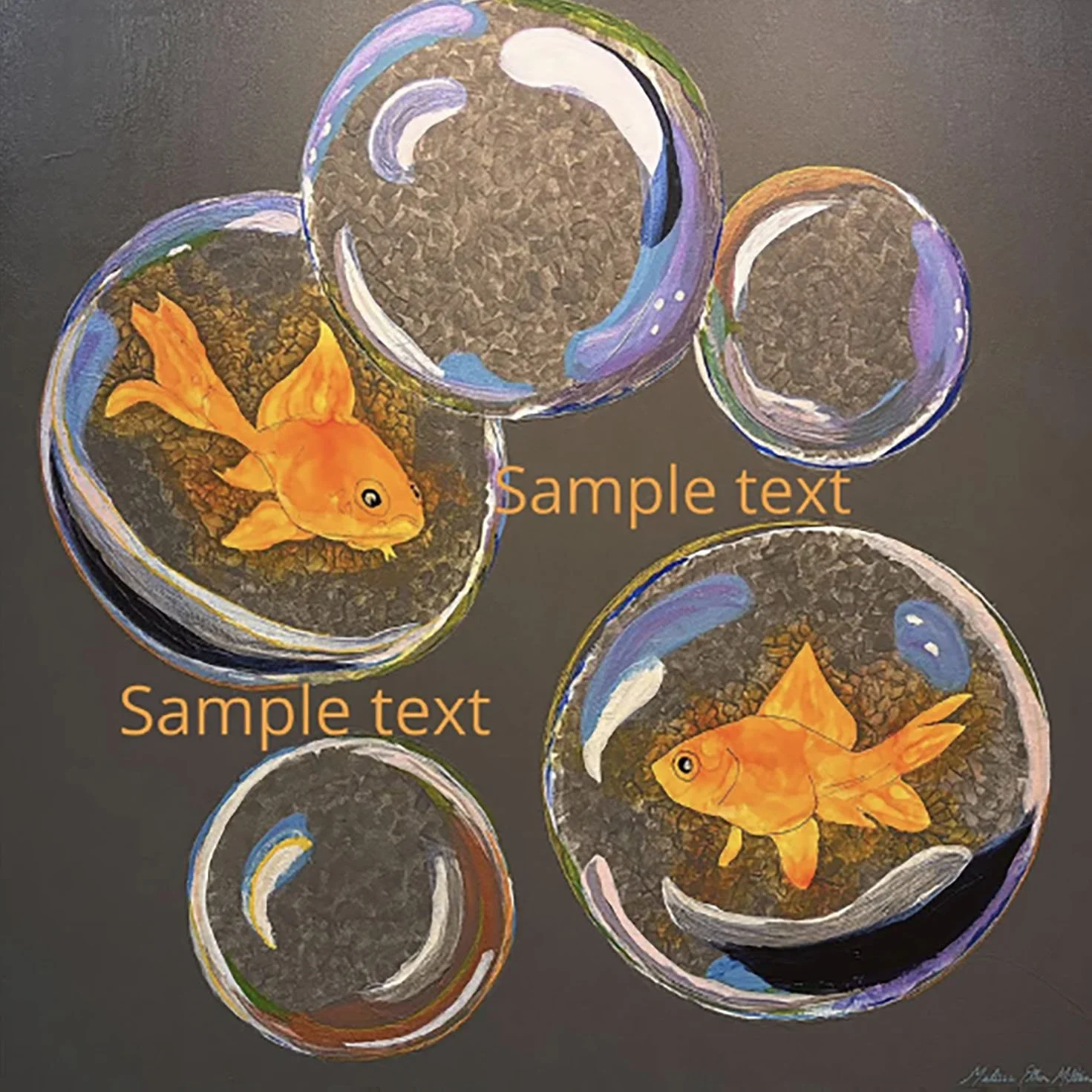 Painting of five fishbowls with goldfish and water plants, two contain goldfish, one is empty, and there are two with a mixture of water and plants, against a dark background, with placeholder text 'Sample text'