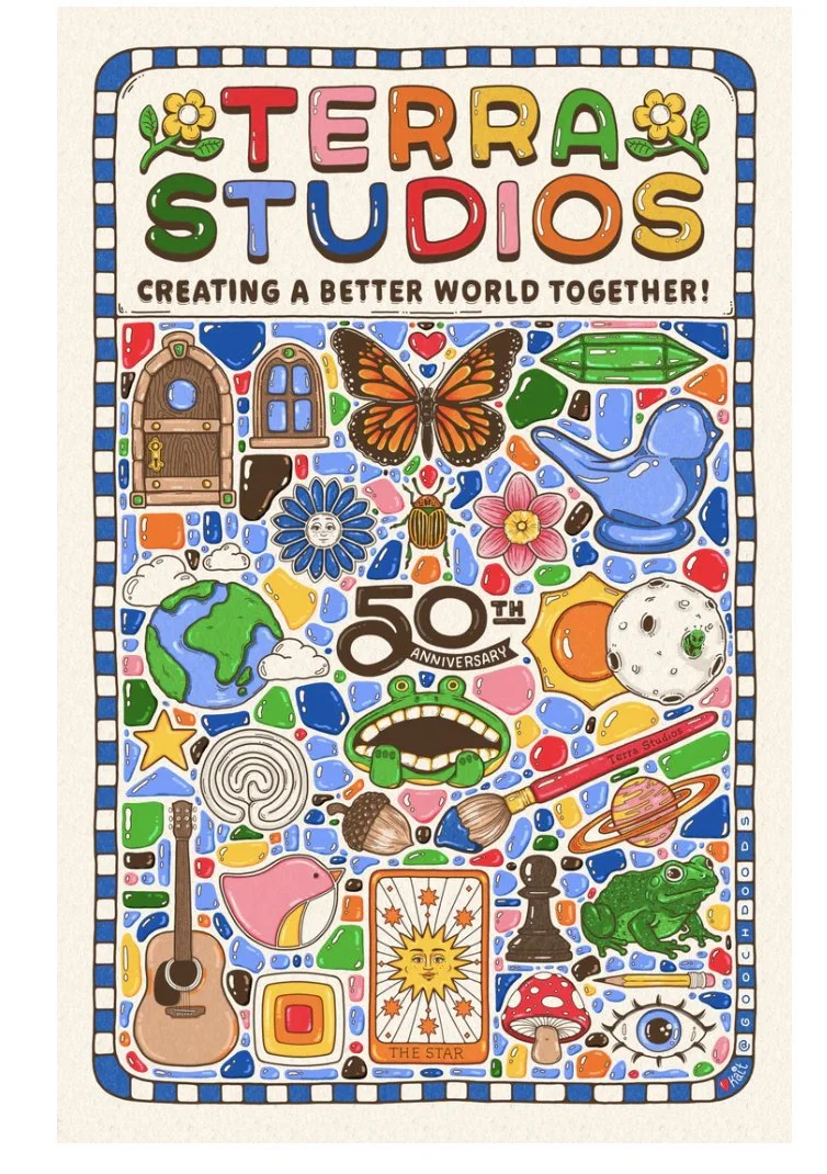 Colorful drawing celebrating Terra Studios' 50th anniversary with various natural and whimsical elements, including a butterfly, globe, moon, solar eclipse, frog, guitar, sun card, planet with rings, watering can, door, and decorative border.