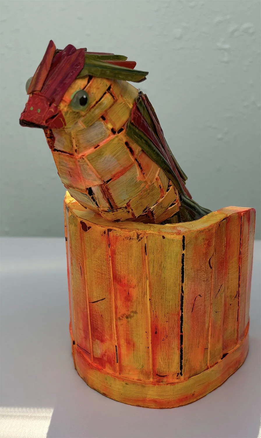 "Jungle Bird"  Hand made from used cardboard boxes, alcohol inks, acrylic paint, and varnish. $85  CLICK IMAGE FOR VIDEO 360 VIEW