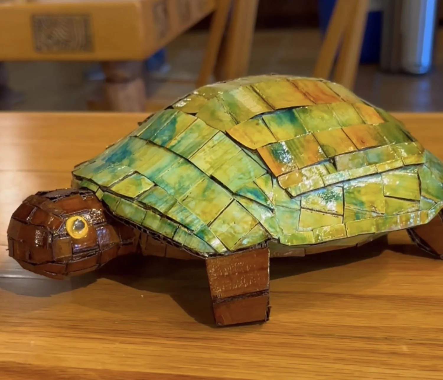 SOLD "Turtle"  Hand made from used cardboard boxes, alcohol inks, & varnish. $95  CLICK IMAGE TO SEE VIDEO 360 VIEW 