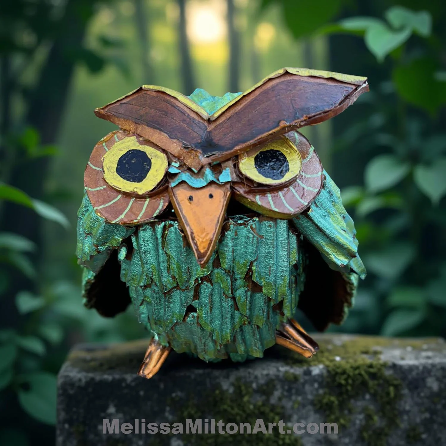 "Owl"  Hand made from used  cardboard box, acrylic paint, and varnish. $45  CLICK IMAGE FOR VIDEO 360 VIEW.