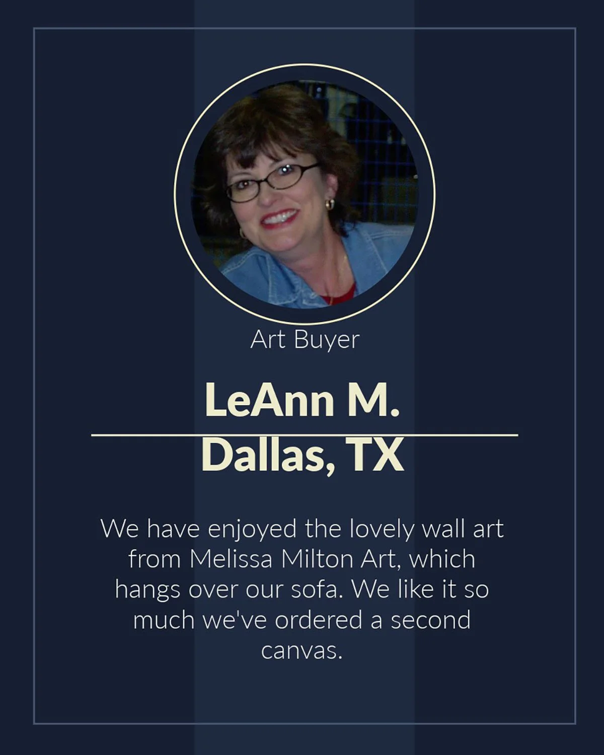 Profile card showing a woman with short brown hair and glasses, smiling, with a denim jacket. Text indicates she is an art buyer named LeAnn M. from Dallas, TX. The card mentions her enjoyment of Melissa Milton Art wall art and her ordered second can
