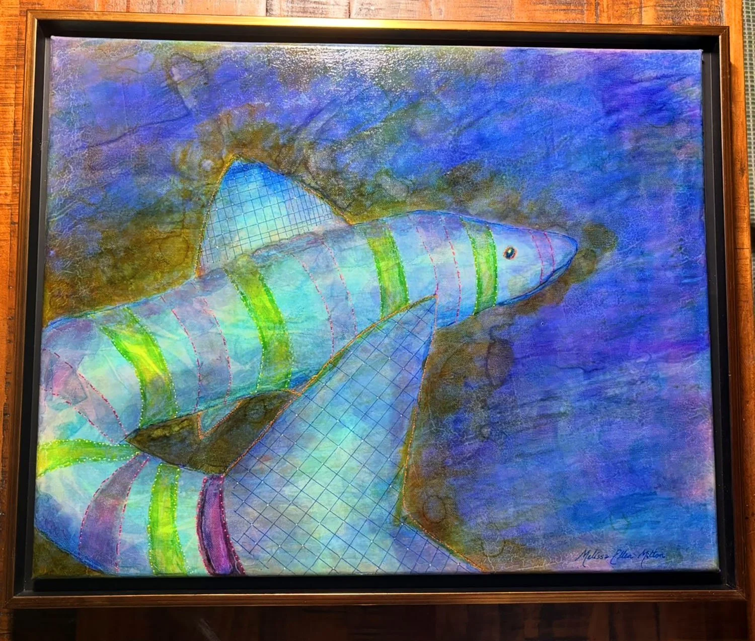 Colorful painting of a shark swimming in blue and purple water.