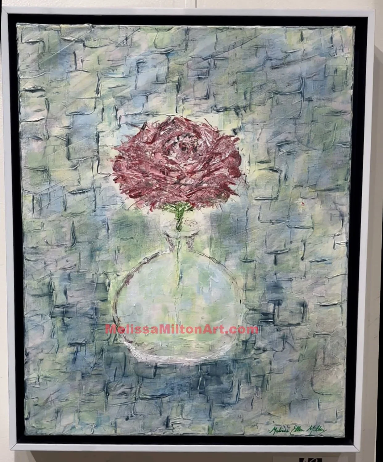 Painted artwork of a pink flower in a vase, with textured background in pastel shades of blue, green, and purple.