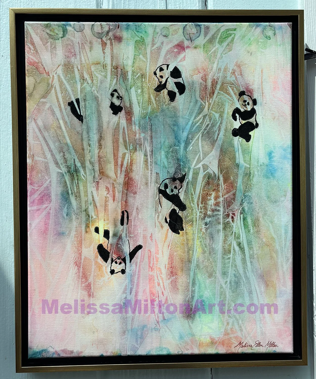 "PANDA-Monium!"  Alcohol inks & acrylic paint on 20" x 16" canvas in gold floater frame. $275  CLICK IMAGE FOR VIDEO VIEW