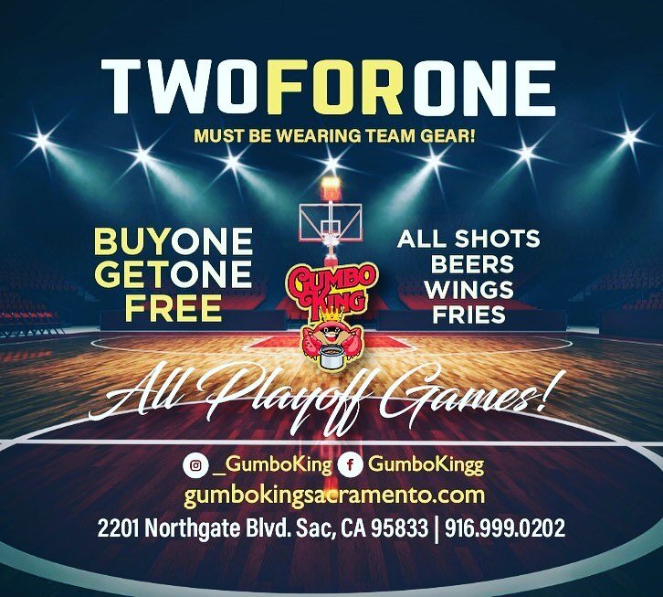 WATCH THE NBA PLAYOFFS AT GUMBO KING‼️🏀 We got 2 for 1 specials on all of our Wings Gumbo Fries Shots and Beers all playoffs long🍗🍟🍺🥃7 big screens for your viewing pleasure and the best food and atmosphere in town👏🏾 Show your team colors and s