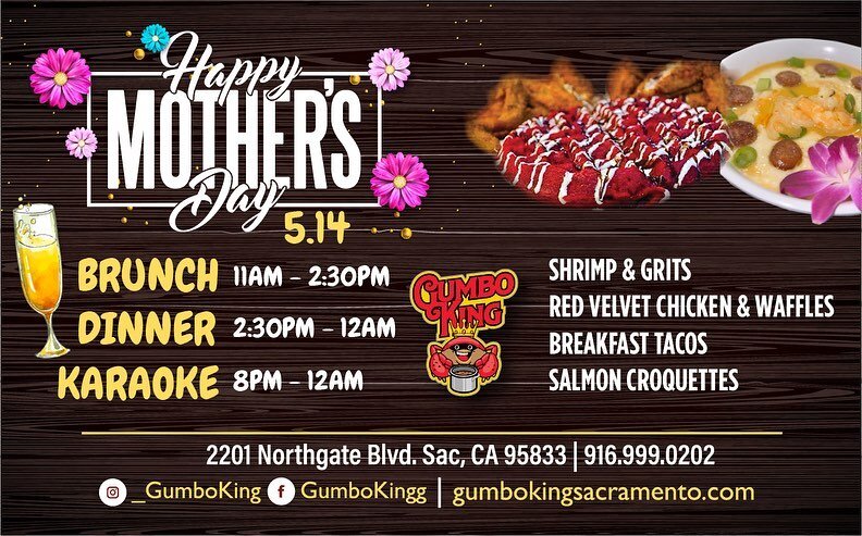 This Sunday we'll be celebrating mother's ALL👩🏽 DAY👩🏽&zwj;🦳 LONG👵🏿. Starting off at 11 am with a special Brunch featuring Chef Toms famous Shrimp and Grits, Red Velvet Waffles and Chicken, Breakfast Tacos and Salmon Croquettes😋. Dinner starts