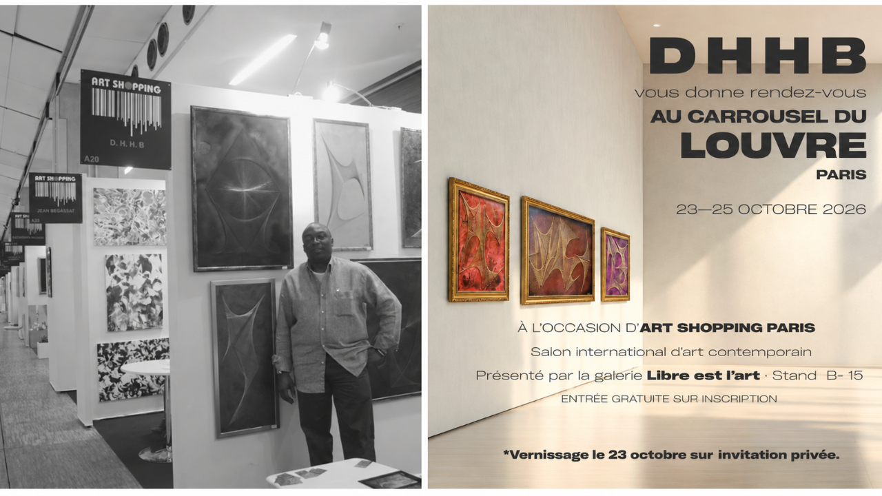 Didier Badibengi devant son stand au Carrousel du Louvre en 2013, à côté de l'invitation Art Shopping 2026