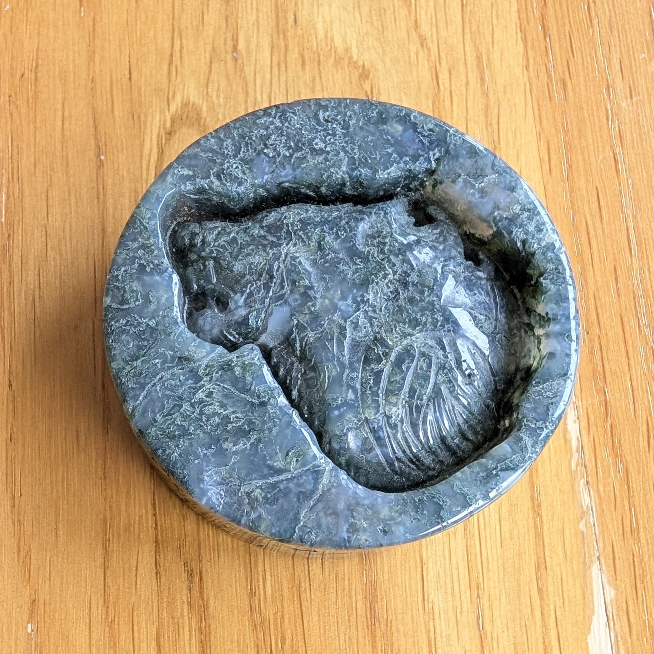 Moss Agate Wolf Carved Disc