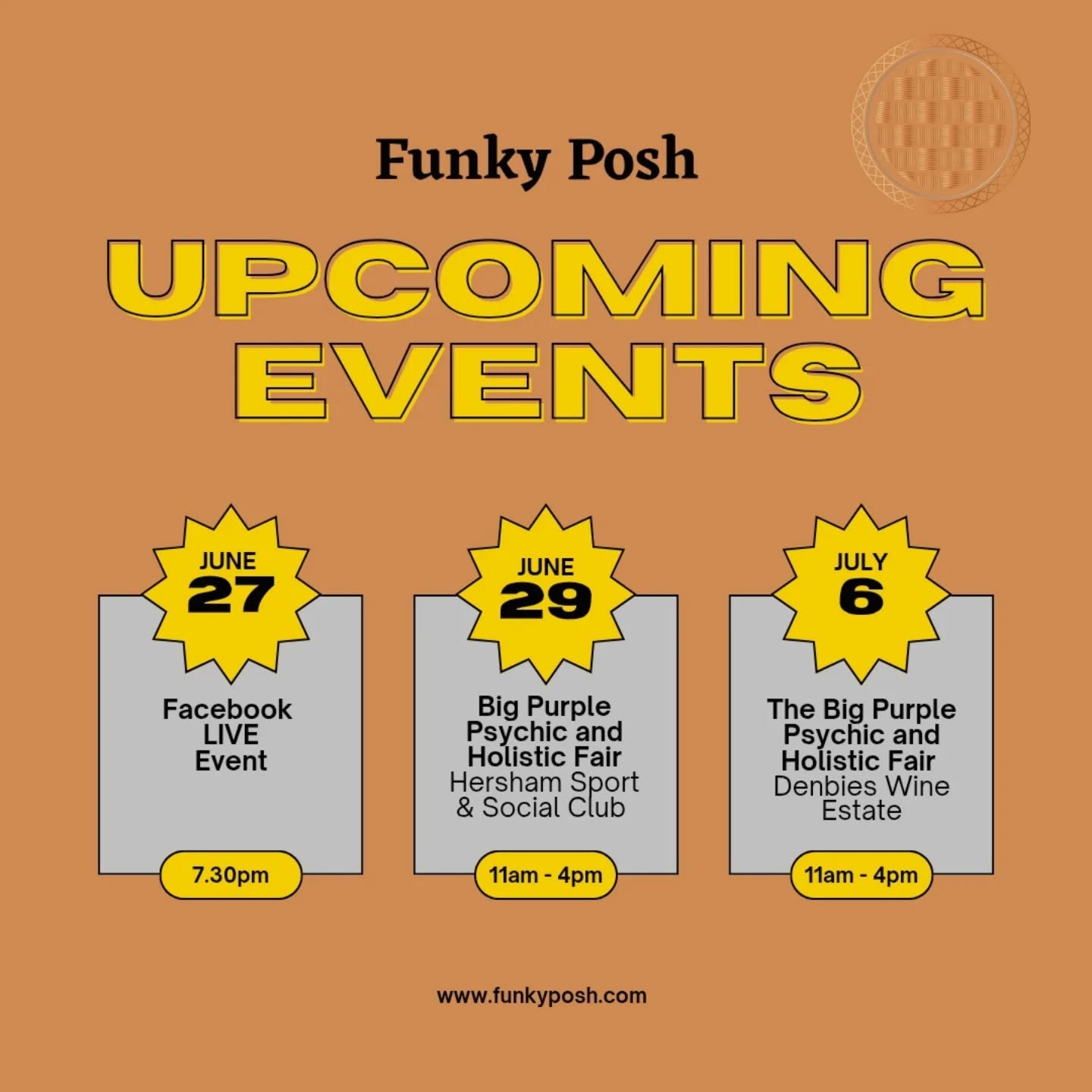This is the latest line up of Funky Posh events where you can find us with a wide range of handmade gemstone Jewellery as well as crystals in all shapes, sizes and price ranges.
 We always try and cater for everyone's pocket for crystal fans and seri