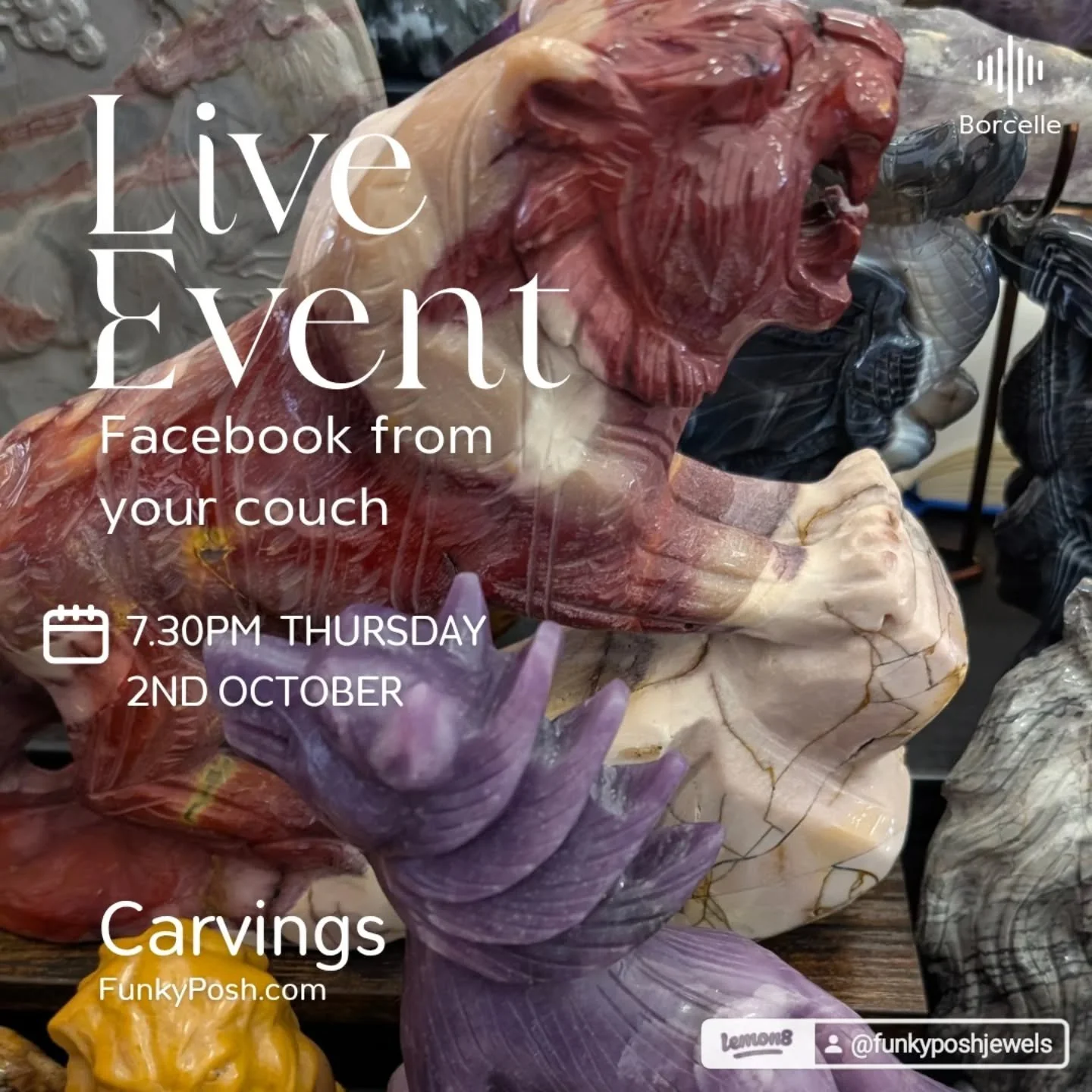 Tomorrow at 7.30pm Live on Facebook for all things Carvings from the comfort of your home 🏠 
Set your alarm ⏰ 
Hope to have you with us 🤩🥰🙏🙌