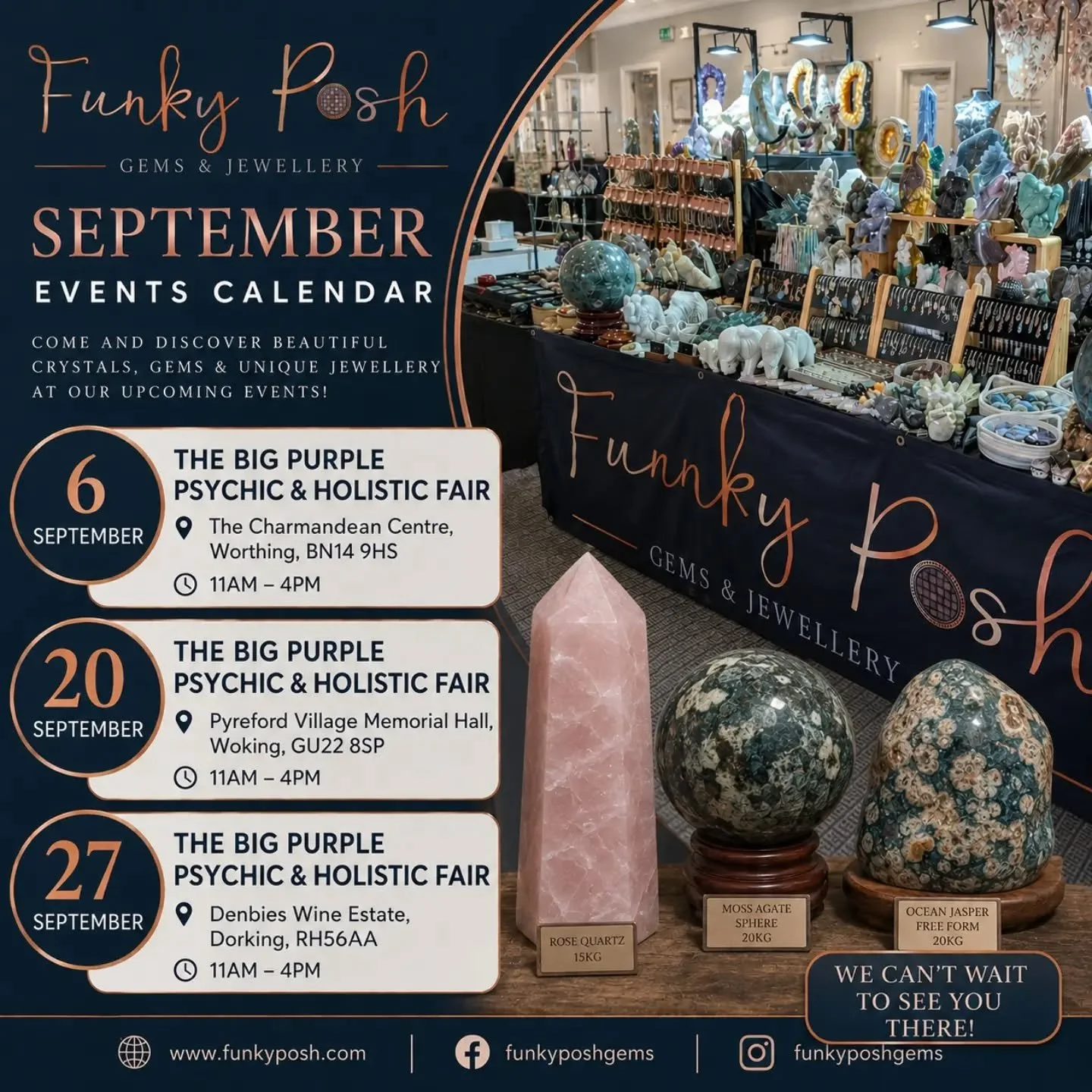 Our next events are starting this weekend at The Charmandean in Worthing, a fantastic event which we are looking forward to 🎉 Hopefully we can catch up with a few of you there 🥰🙌🙏

#crystalevents 
#crystaleventsuk 
#holisticevents 
#holisticfair 