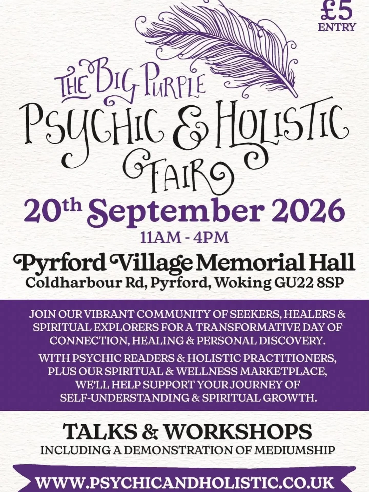 Our next event, this weekend, on the 20th September is the Big Purple Psychic and Holistic Fair at the Pyreford Village Memorial Hall, GU22 8SP.
This is a new location for the @bigpurplepsychicholisticfairs team and us and we hope you'll be able to j