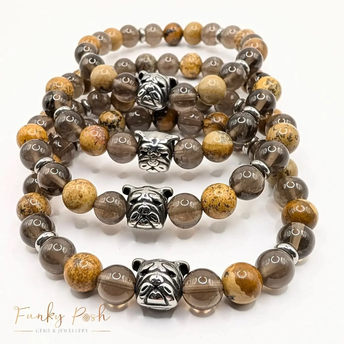 It's been the longest time that I've made any new bracelets but here is The Smokey Quartz and Picture Stone Bulldog gemstone bracelet fresh off the workbench. 🥰🙌

#handmadebracelets 
#bulldogbracelet