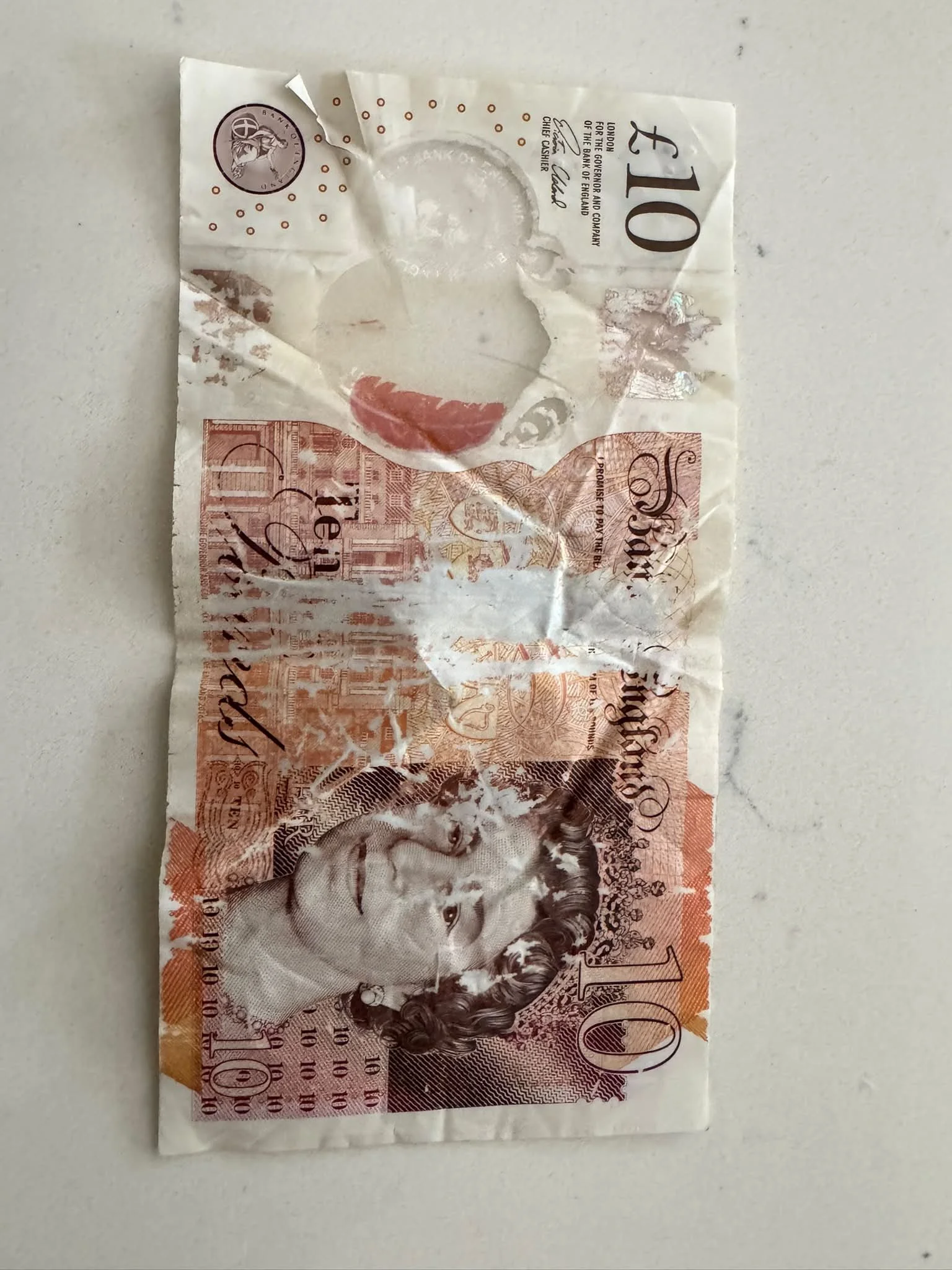 Our first fake note. A &pound;10 that looks like it&rsquo;s been through the washing machine! Now I&rsquo;m sure you&rsquo;re thinking why didn&rsquo;t they spot that at the time. To be honest it was amongst a lot of other notes and so as long as it 
