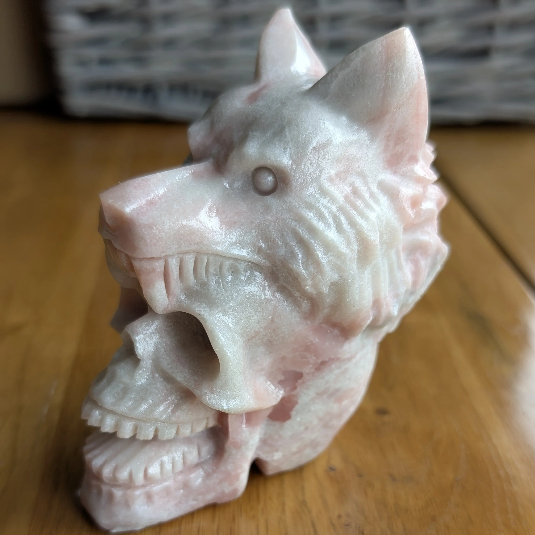 Pink Opal Wolf Gemstone Skull