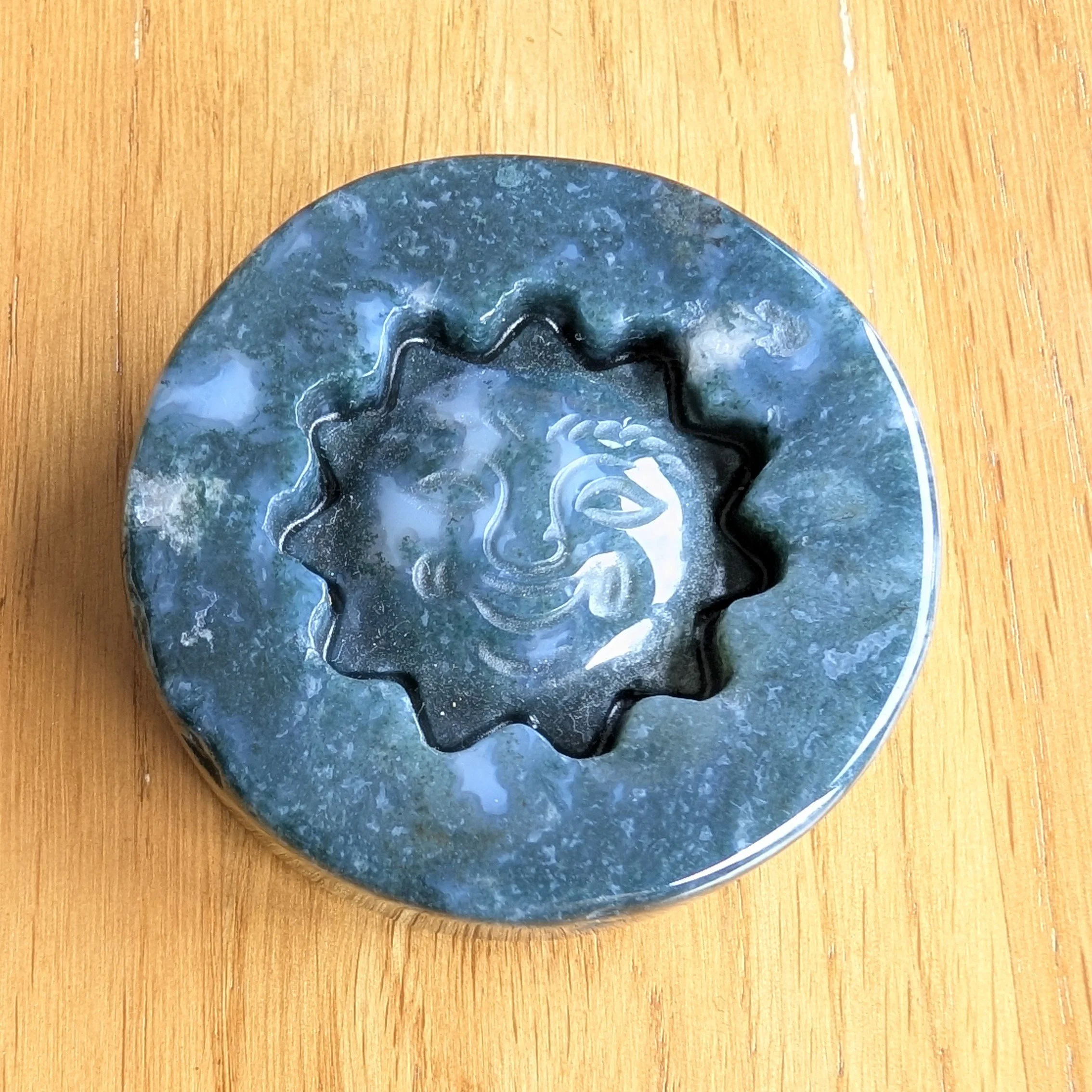 Moss Agate Sun Carved Disc
