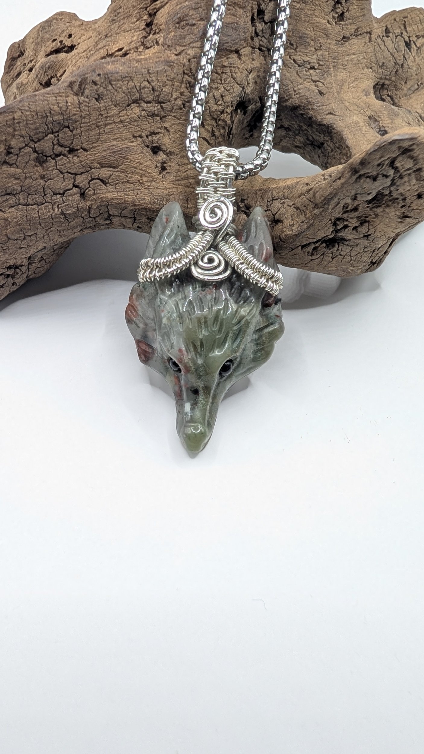 Bloodstone Sterling Silver Wolf Pendant