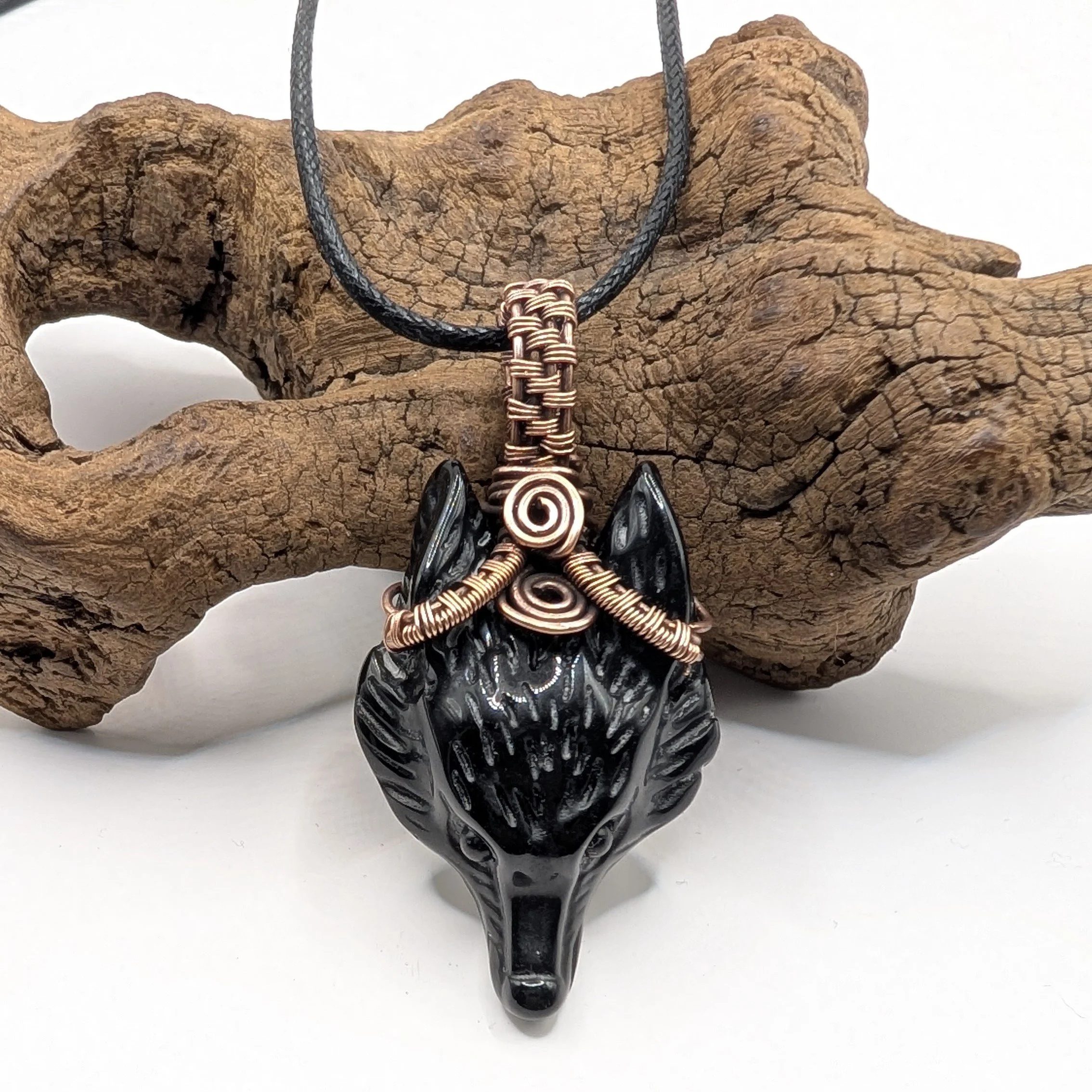 Handmade Antiqued Copper Obsidian Wolf Pendant