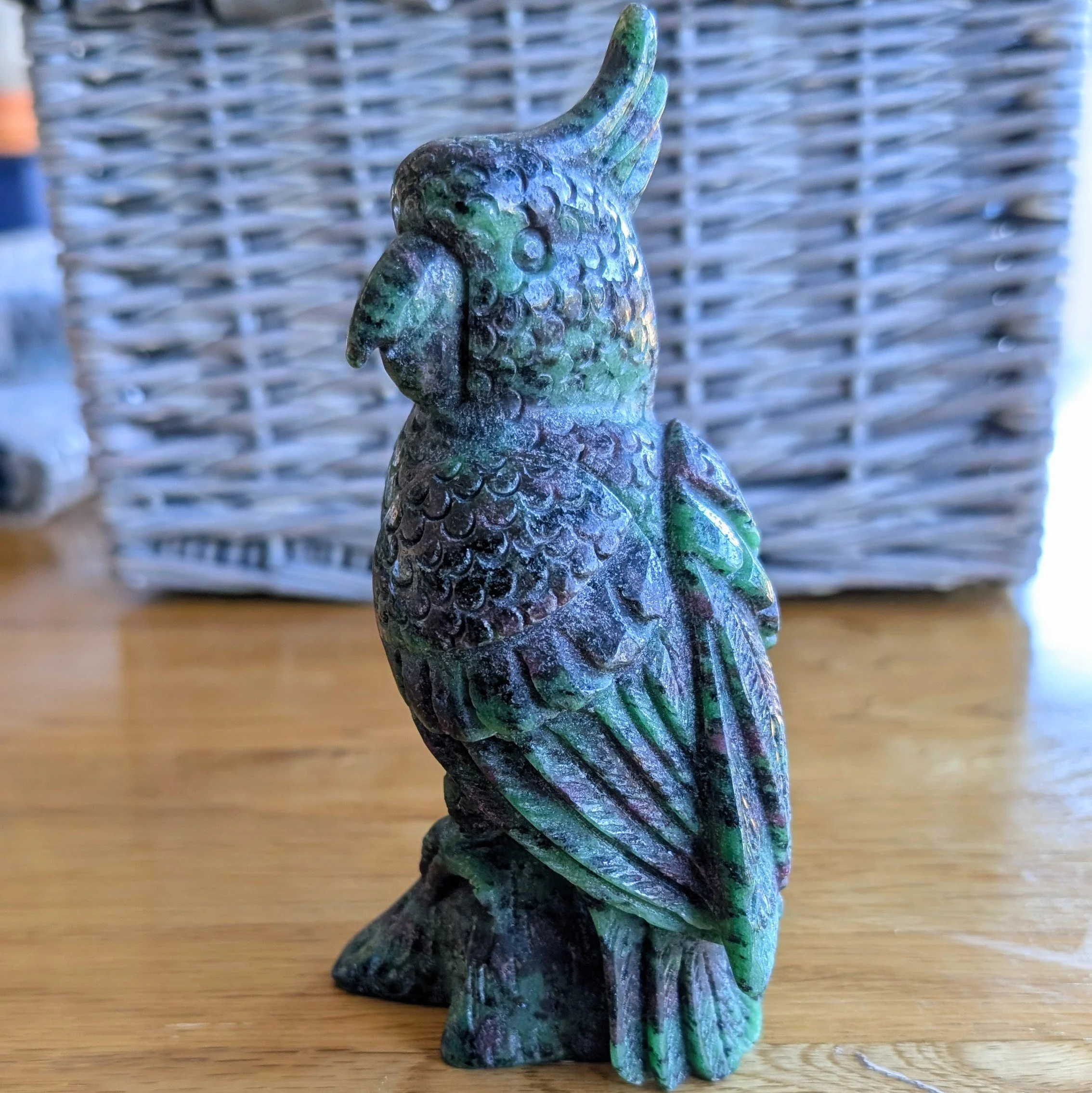 Carved Ruby Zoisite Gemstone Parrot Sculpture