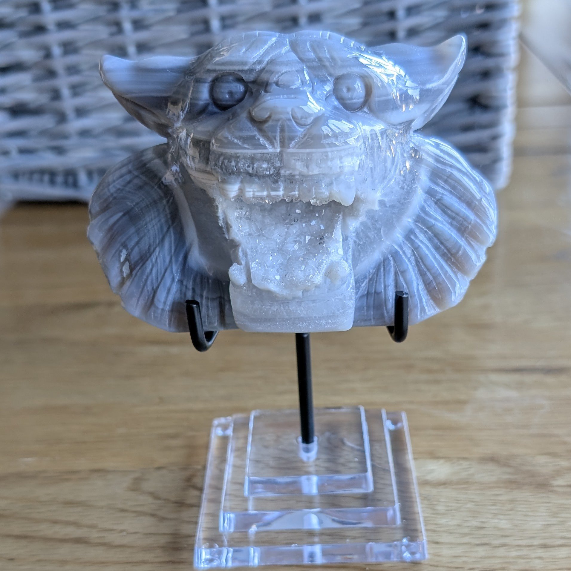 Hand Carved Agate Tiger Head with Druzy Mouth