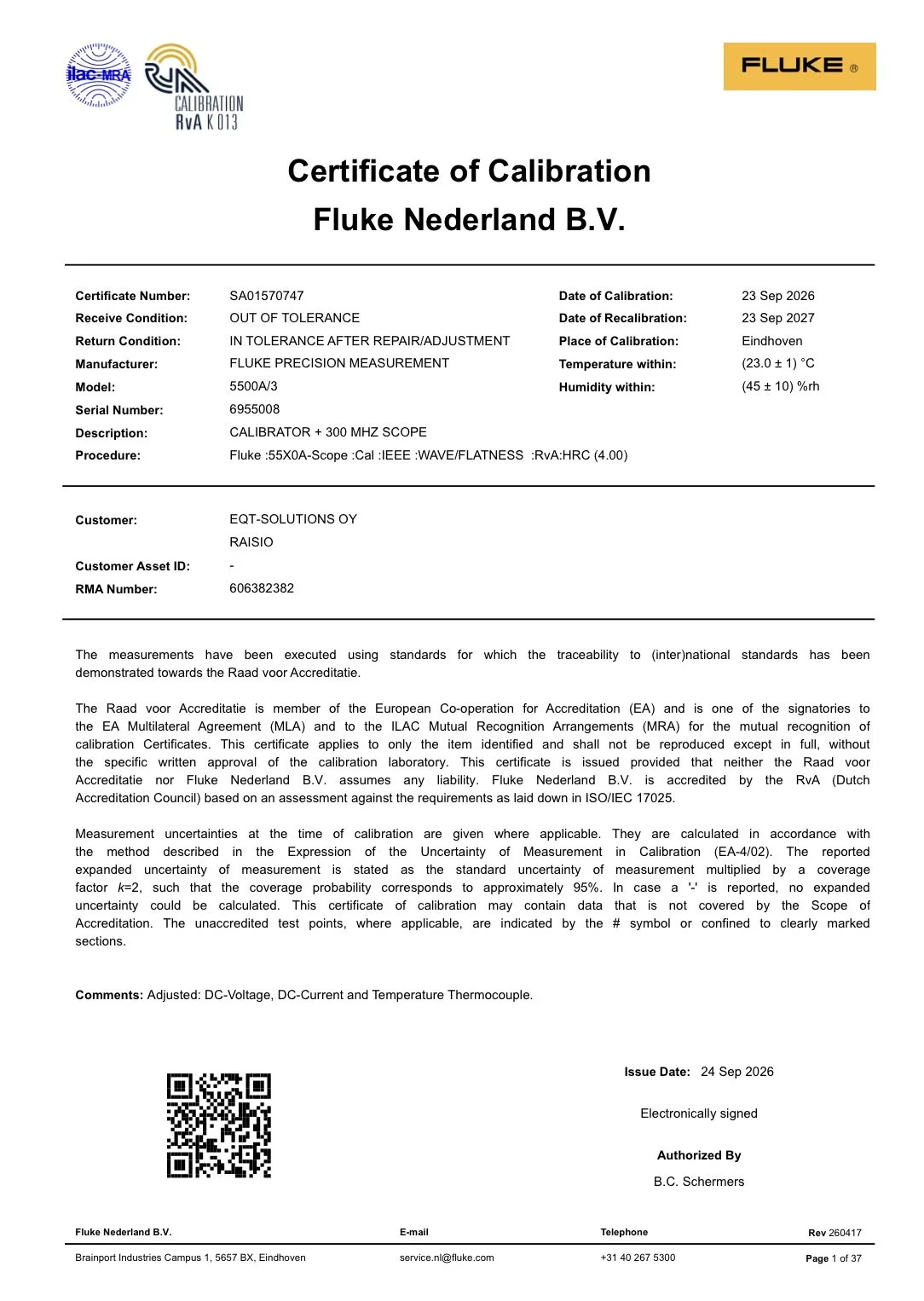 Fluke 5500A Calibrator with option 5500A-SC, OEM cal. 09/2026