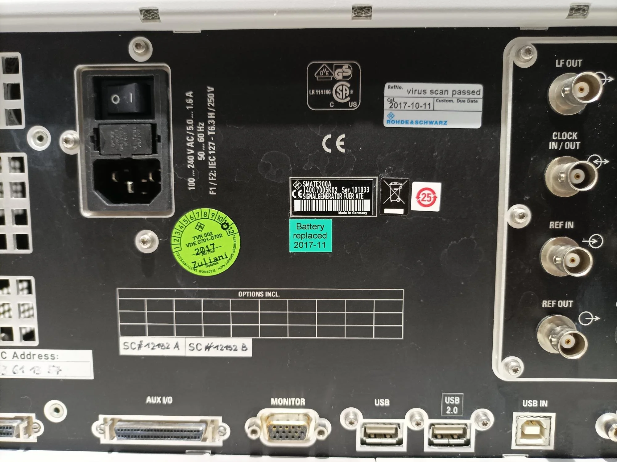 Rohde & Schwarz SMATE200A, Vector Signal Generator, 100kHz-6GHz, loaded with options #