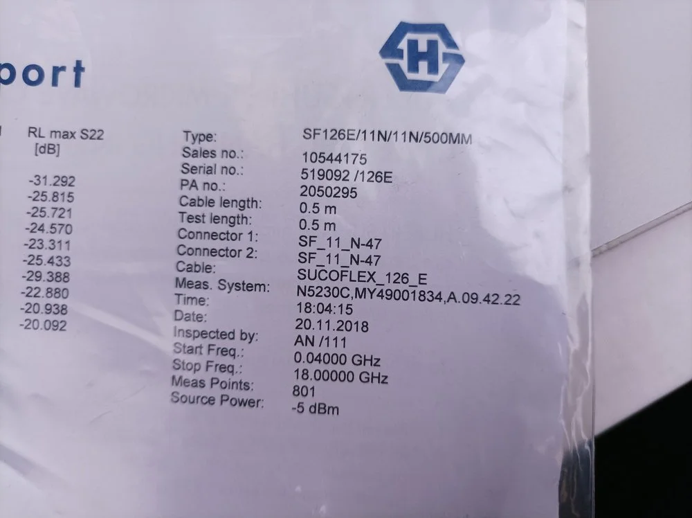 Huber+Suhner SF126E, Flexible Microwave Cable Assembly, 0.5m, N Connectors #