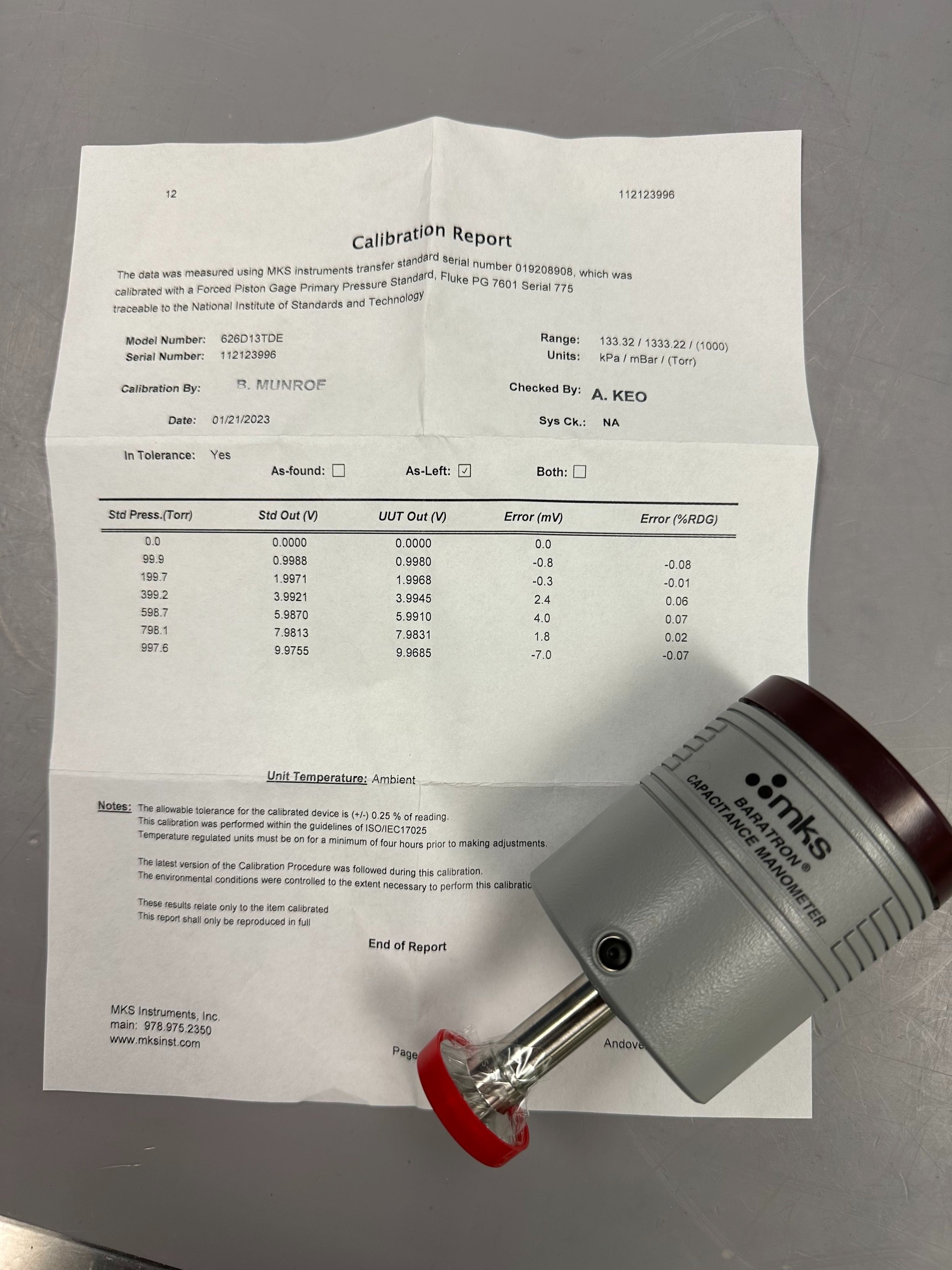 MKS 626D13TDE 1000 Torr, Vacuum Sensor *