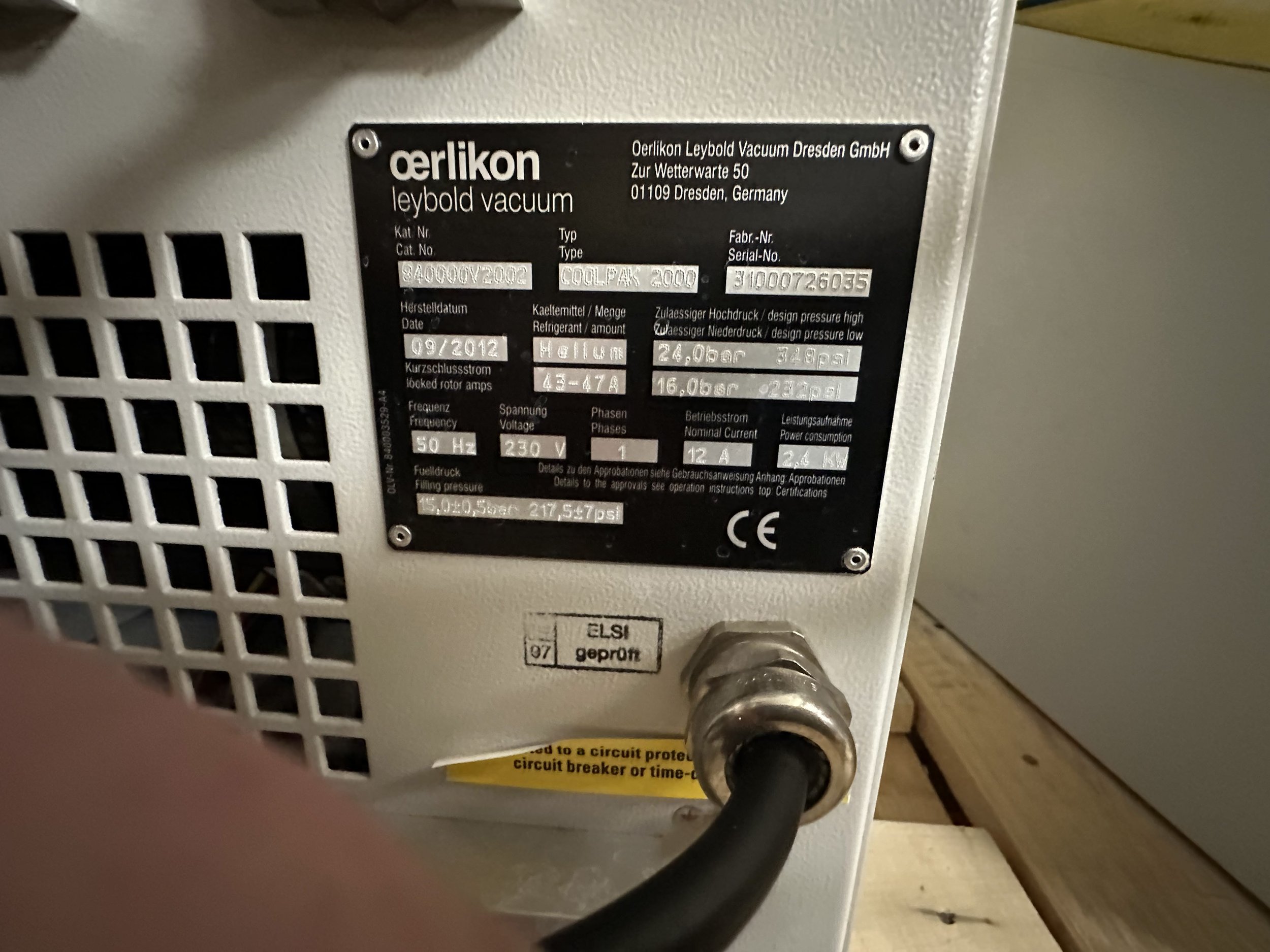 Leybold Coolpak 2000/2200, Cryo Compressor Unit *