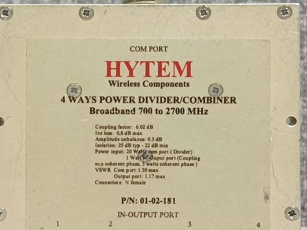 Hytem 4 Ways Power Divider/Combiner PN:01-02-181, 700 to 2700 MHz #